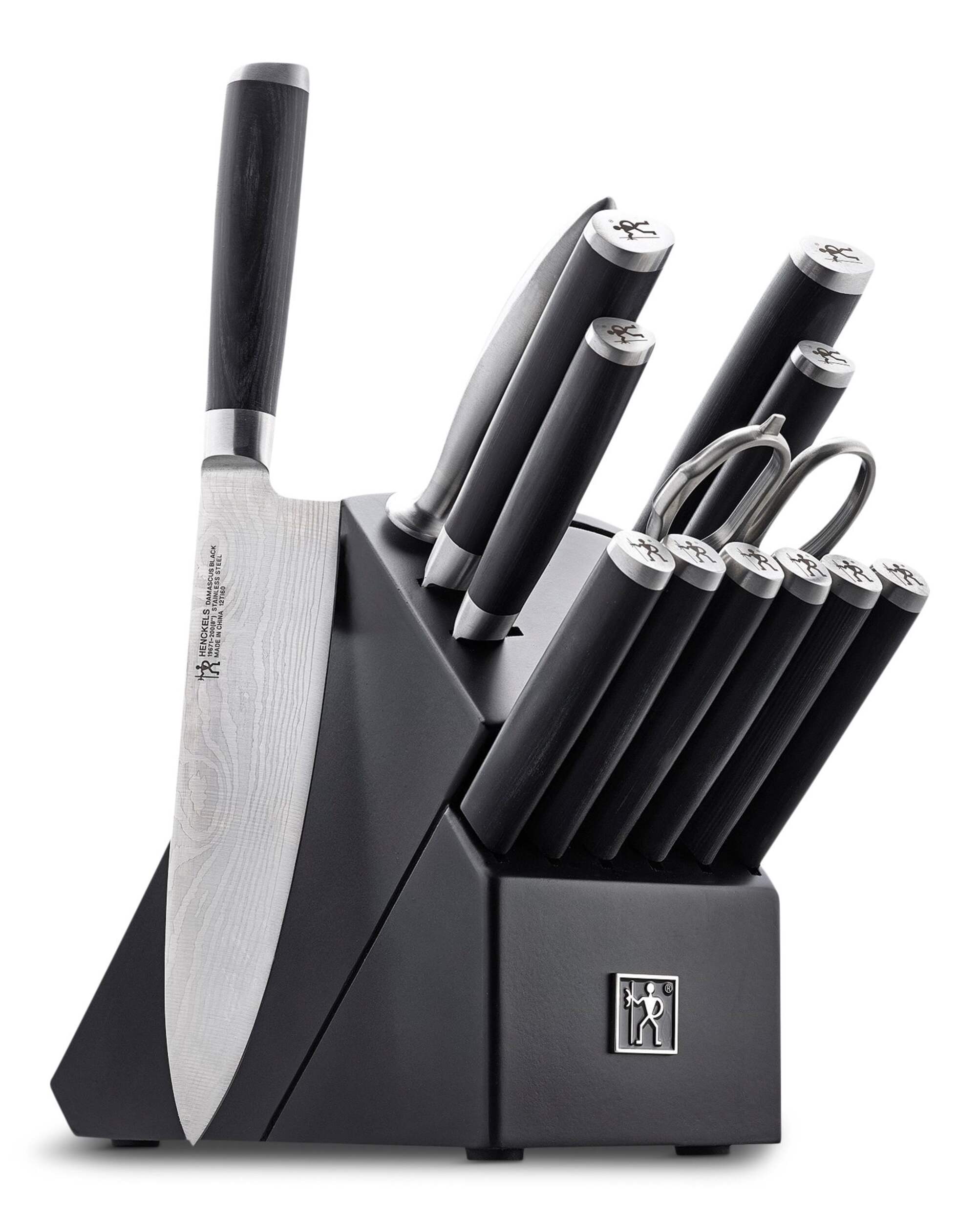 Henckels Damascus Knife Block Set, Black Block, 14-pc Front_Three_Fourths_Angled_Right