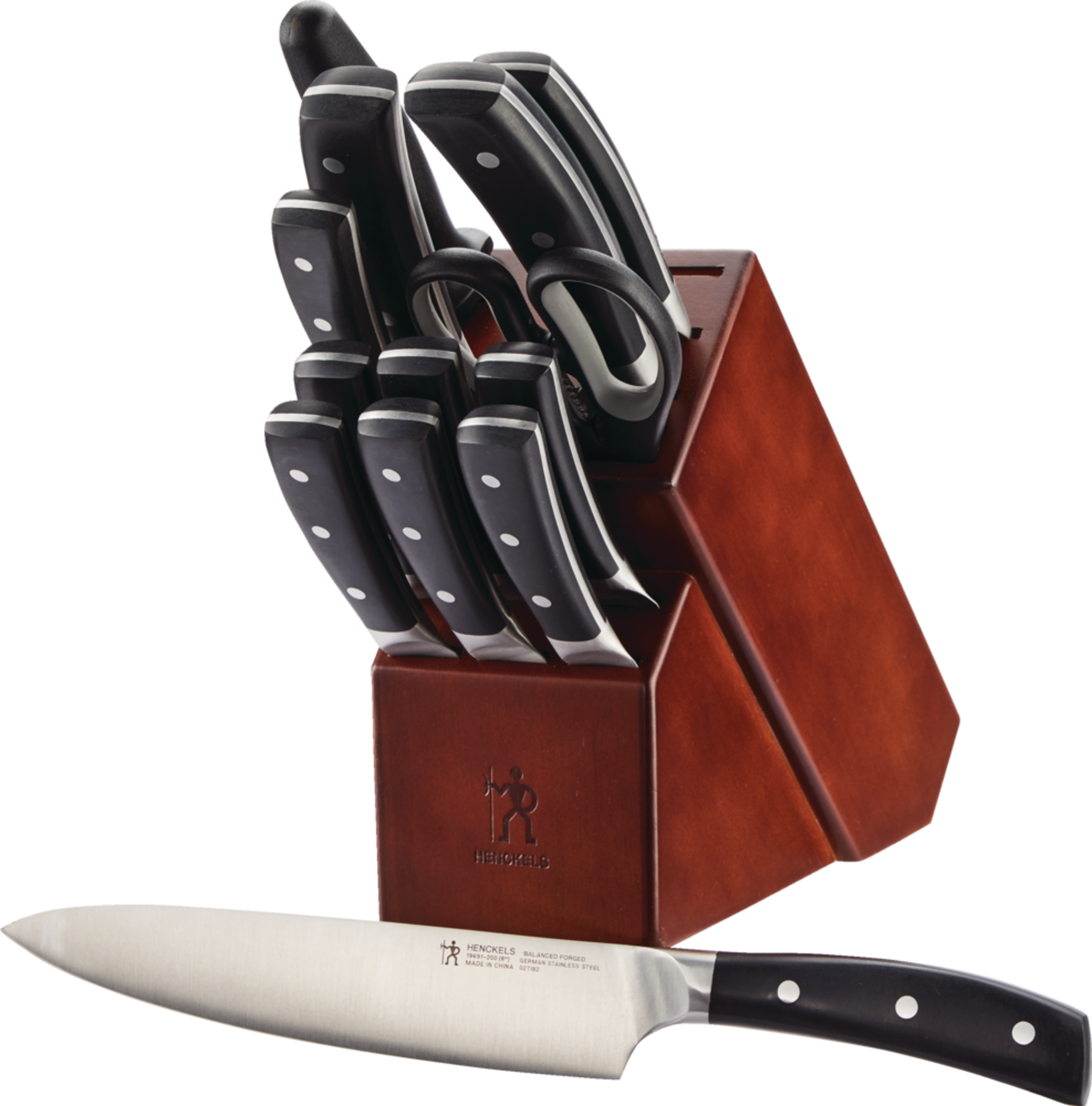 Henckels Balanced Forged Steel Knife Block Set, Ergonomic Grip, 14-pc Front_Three_Fourths_Angled_Left
