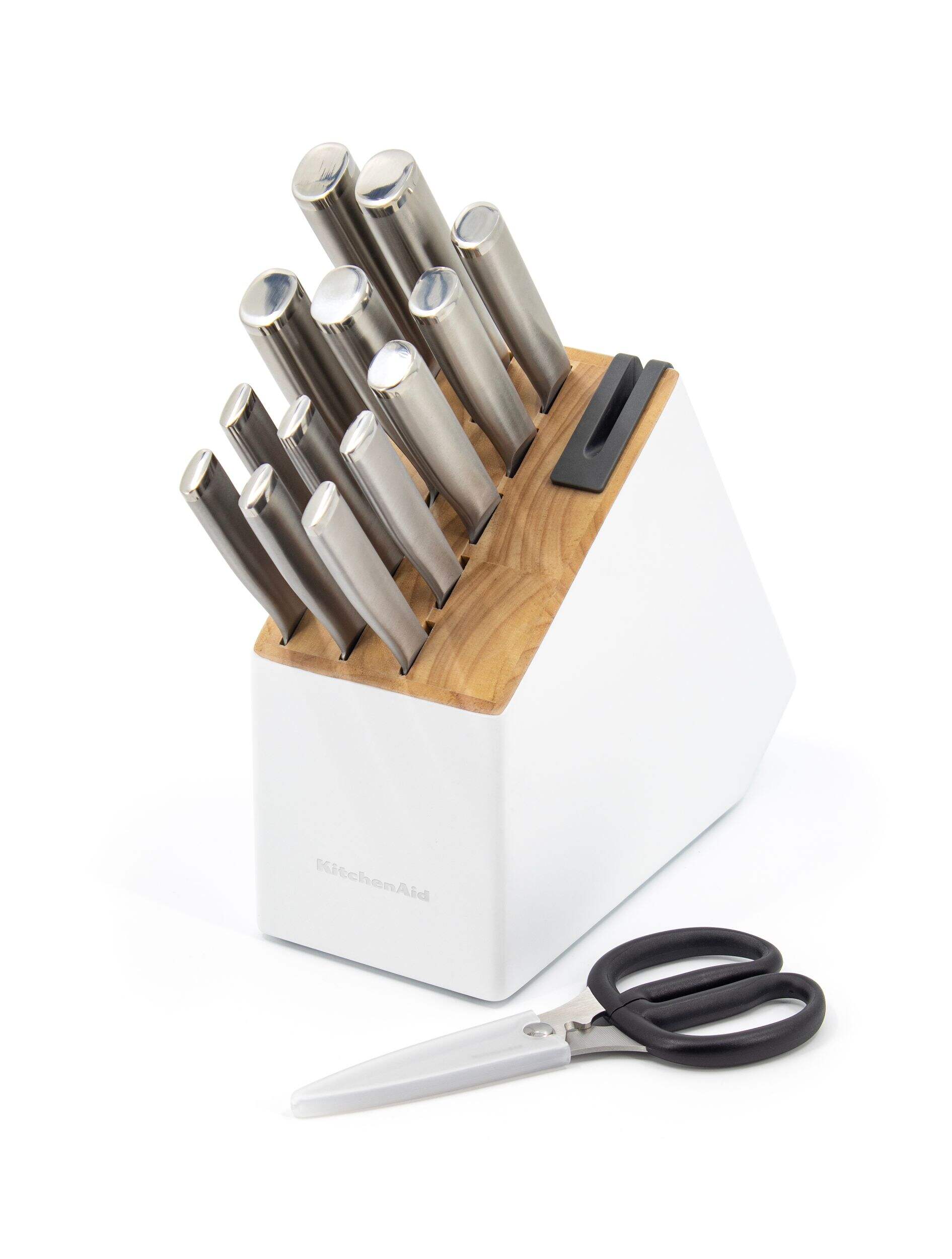 KitchenAid Stainless Knife Block Set, White, 15-pc Front_Three_Fourths_Angled_Left