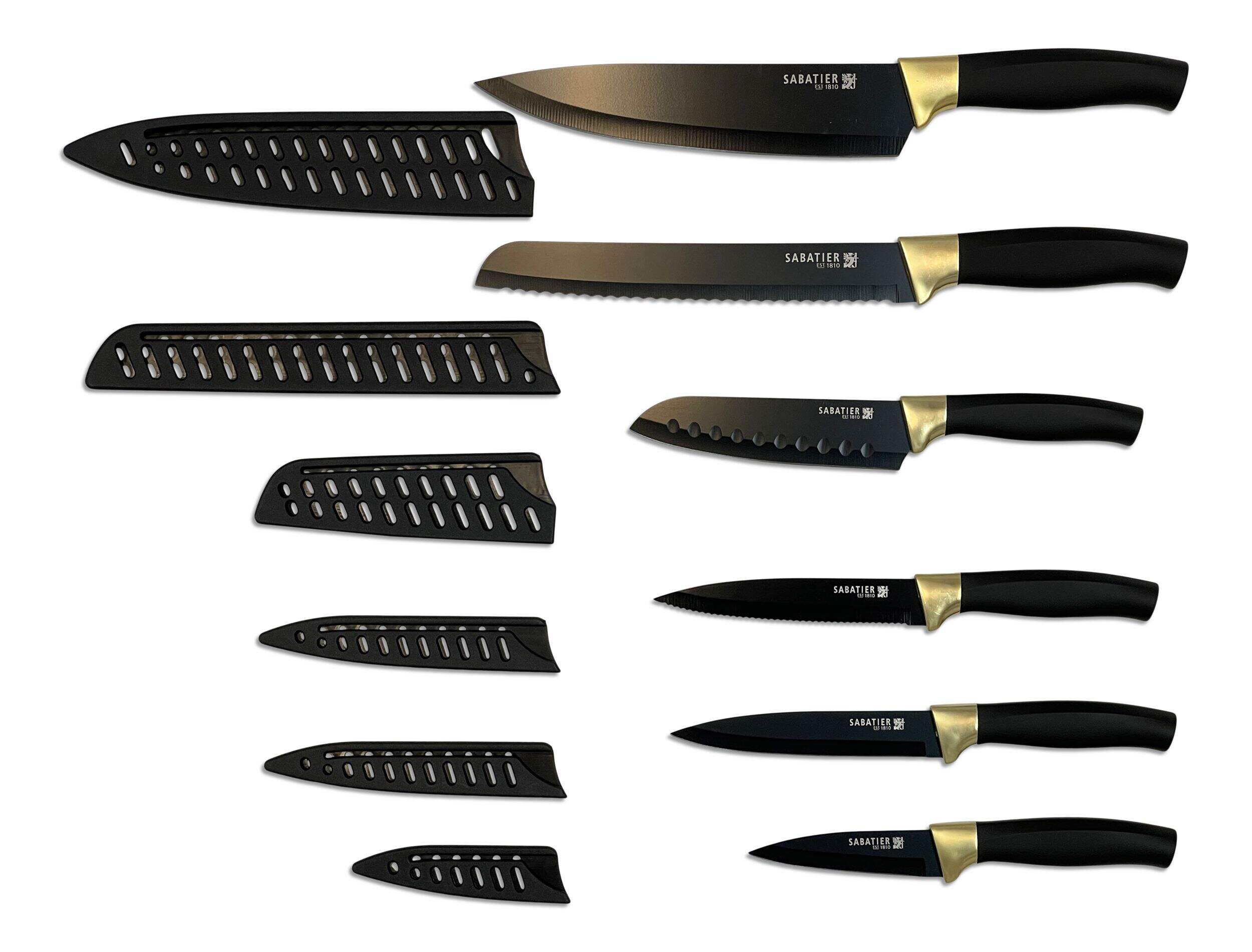 Sabatier Knife Set with Covers, Black/Gold, 12-pc Overhead_Flat