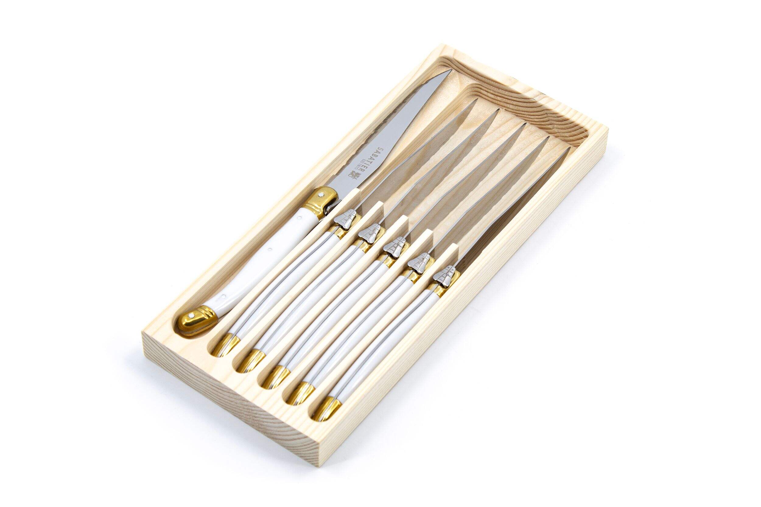 Sabatier Laguiole Steak Knife Set, White/Gold, 6-pc Front_Three_Fourths_Angled_Left