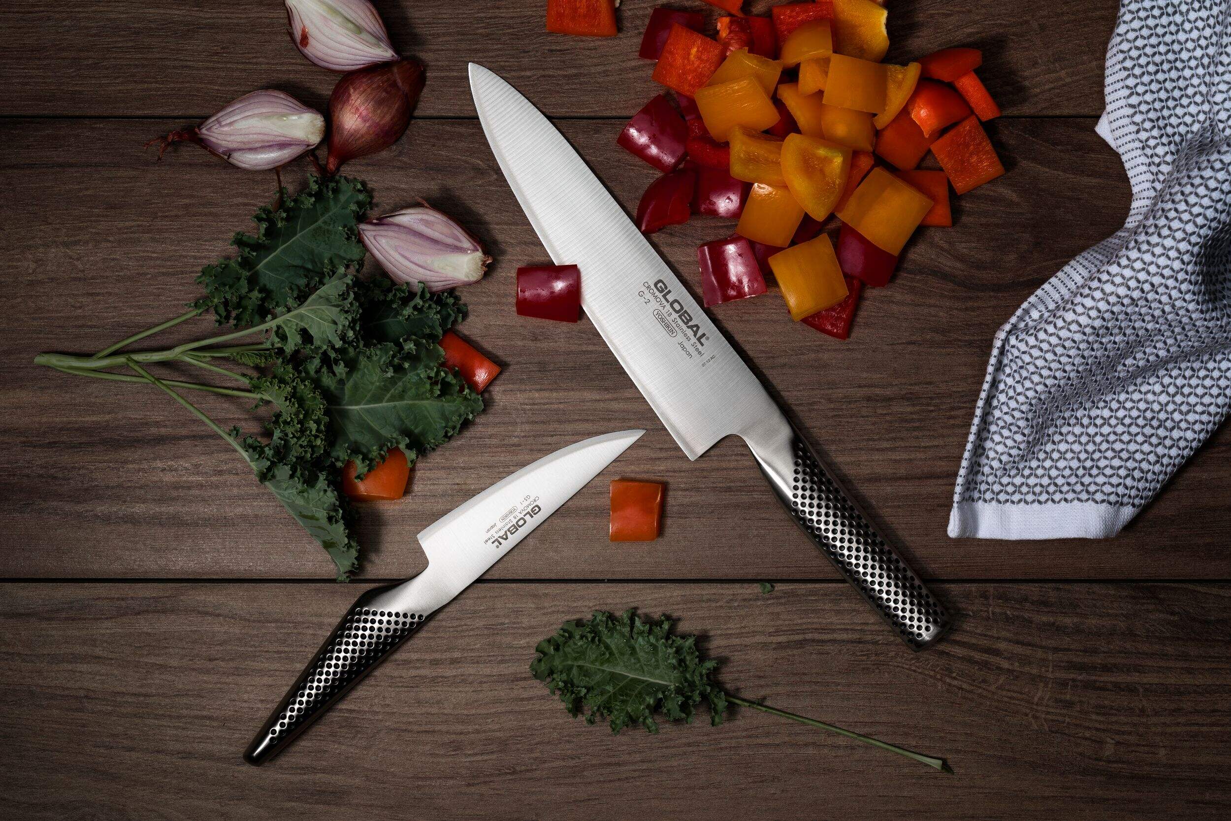 Global Stainless Steel Knife Set with Convex Edges, 2-pc Overhead_Flat