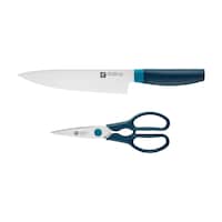 Zwilling Now Multi-Purpose Stainless Steel Chef's Knife & Scissors/Shears Set, Blue, 2-pc Front_Flat