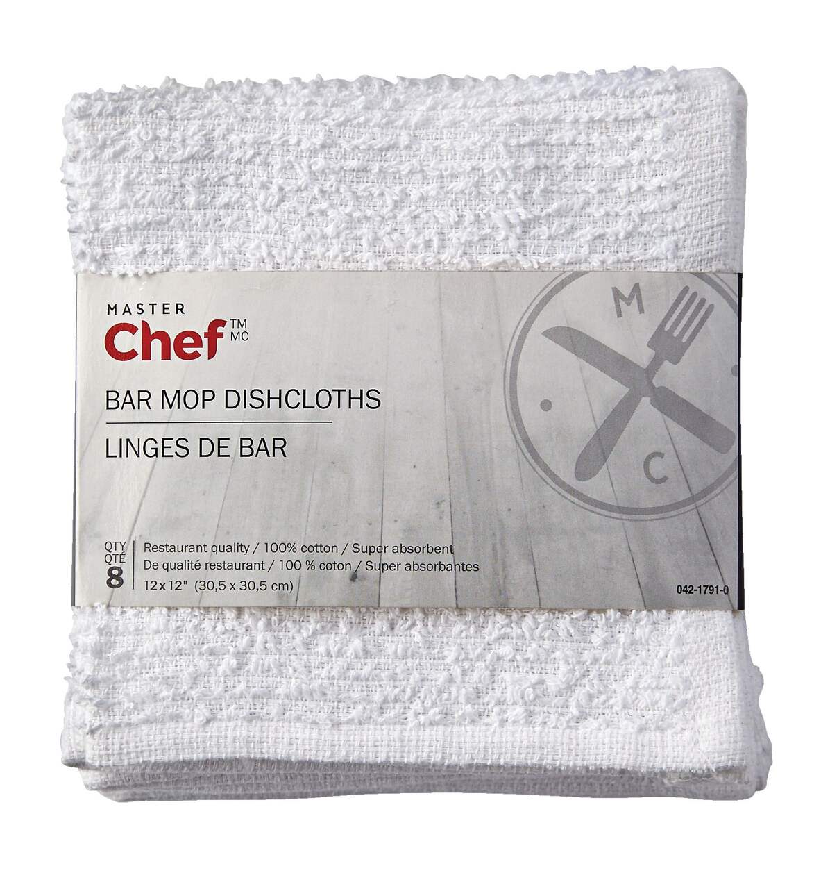 MASTER Chef Terry Cotton Bar Mop Dishcloths, Reusable, 12-in x 12-in, 8-pk,  White