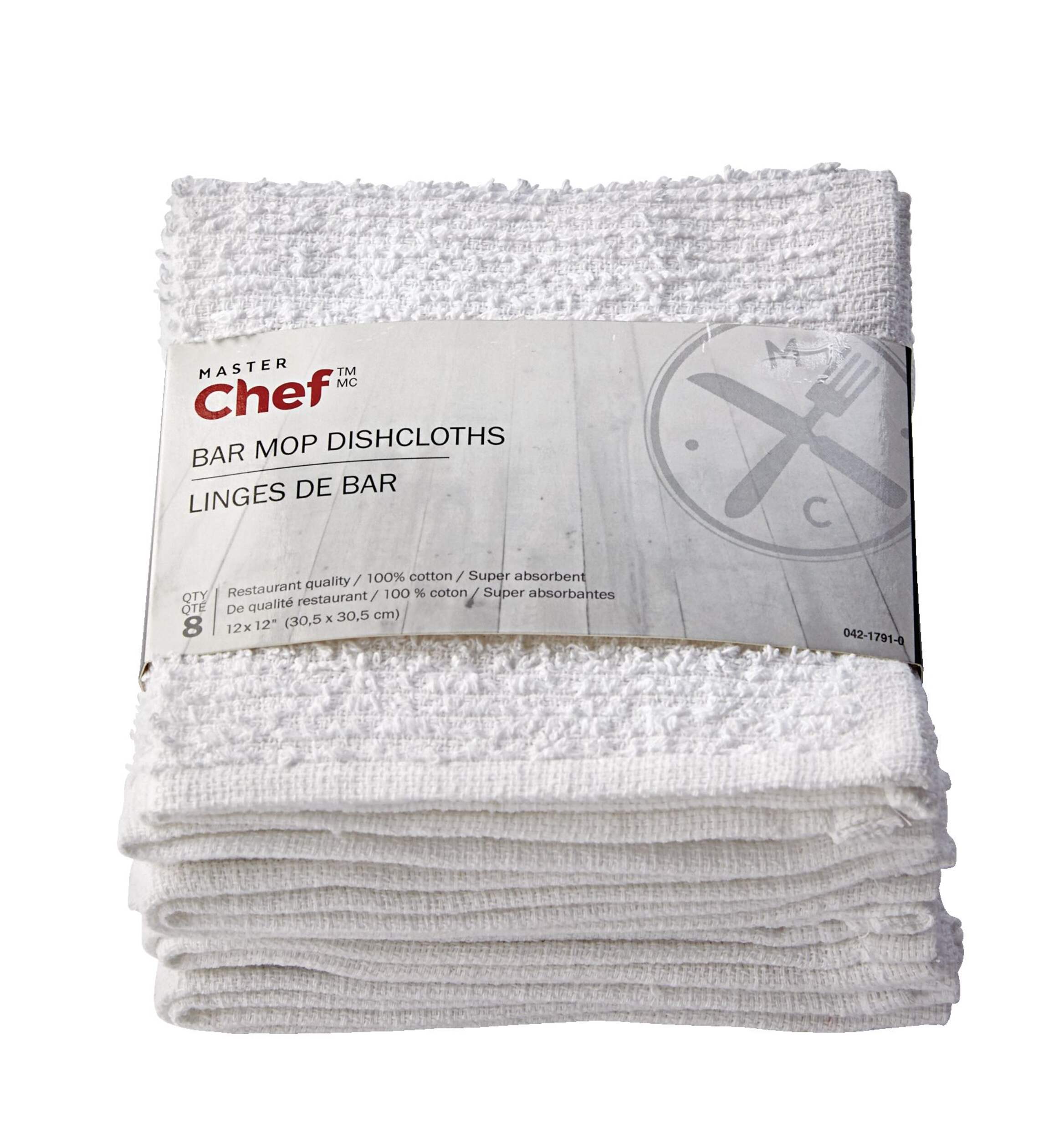 MASTER Chef Terry Cotton Bar Mop Dishcloths, Reusable, 12-in x 12-in, 8-pk, White Front_Elevated