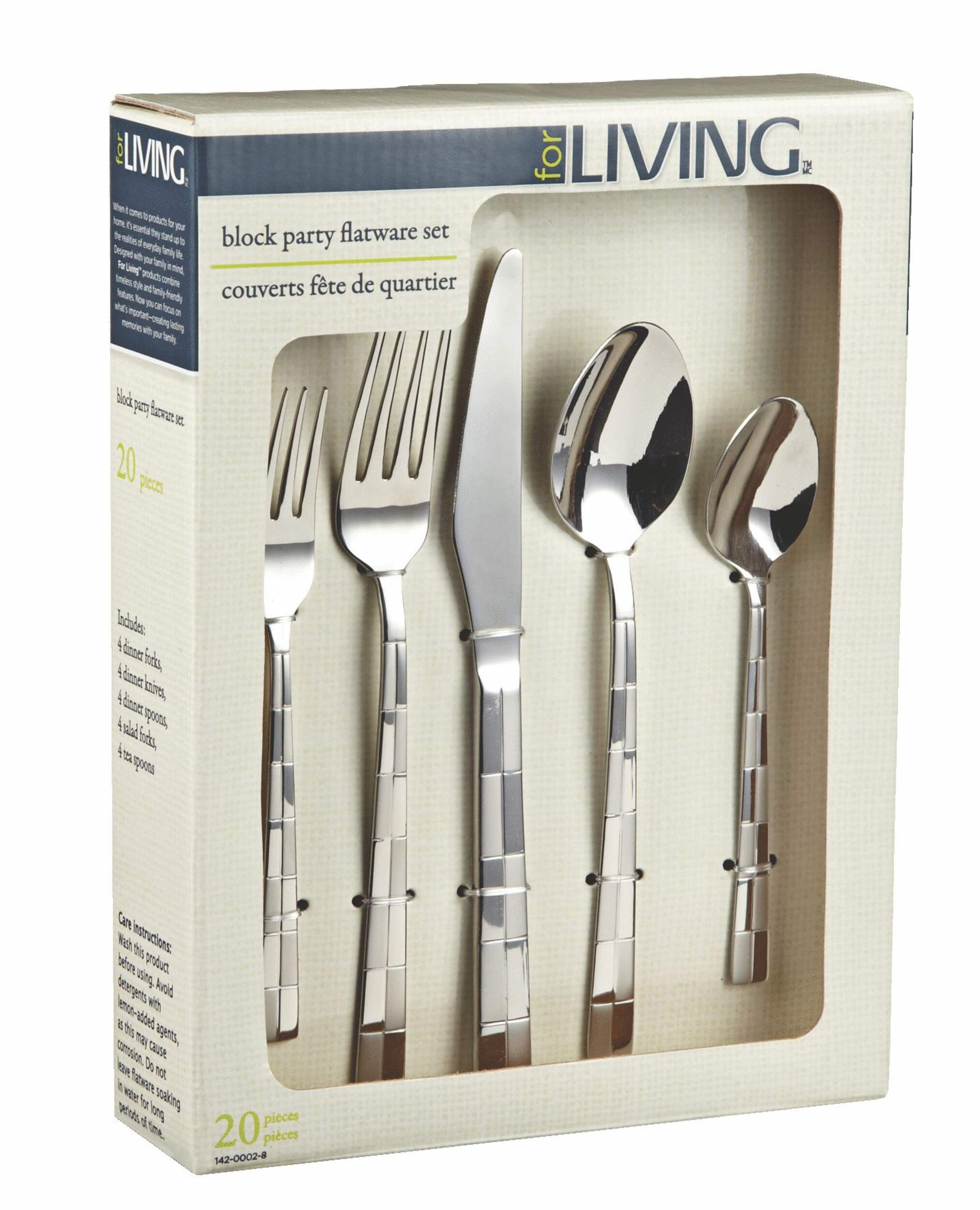 For Living Stainless Steel Flatware Set, Block, 20-pc Front_Angled_Right