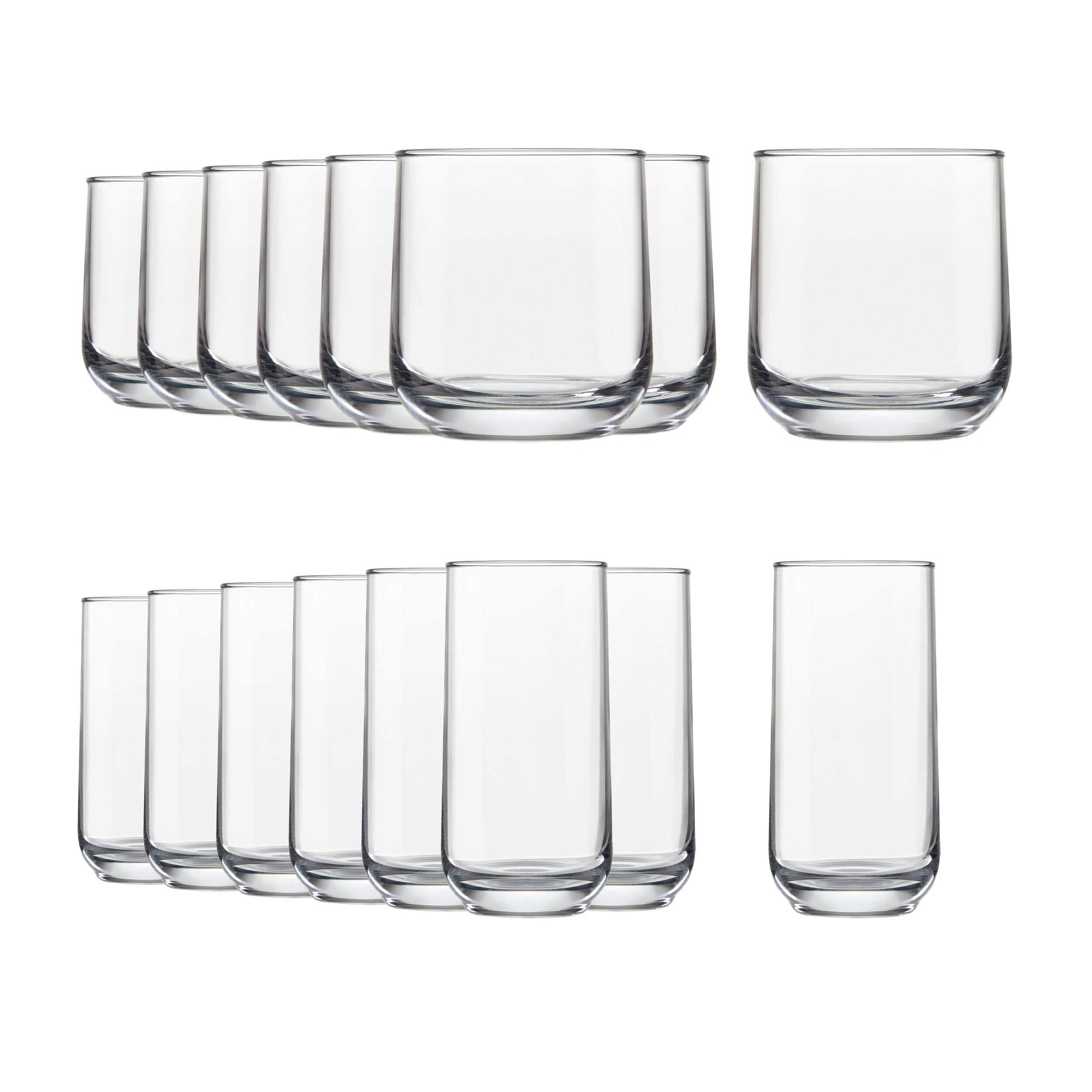 Libbey Ascent 16pc Tumbler Glassware Set, Dishwasher Safe, 8pc x 13.3-oz and 8pc x 16-oz Front_Flat