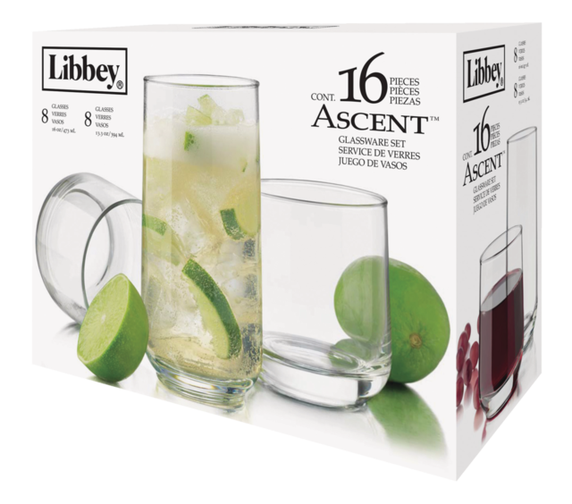 Libbey Ascent 16pc Tumbler Glassware Set, Dishwasher Safe, 8pc x 394mL and 8pc x 473mL