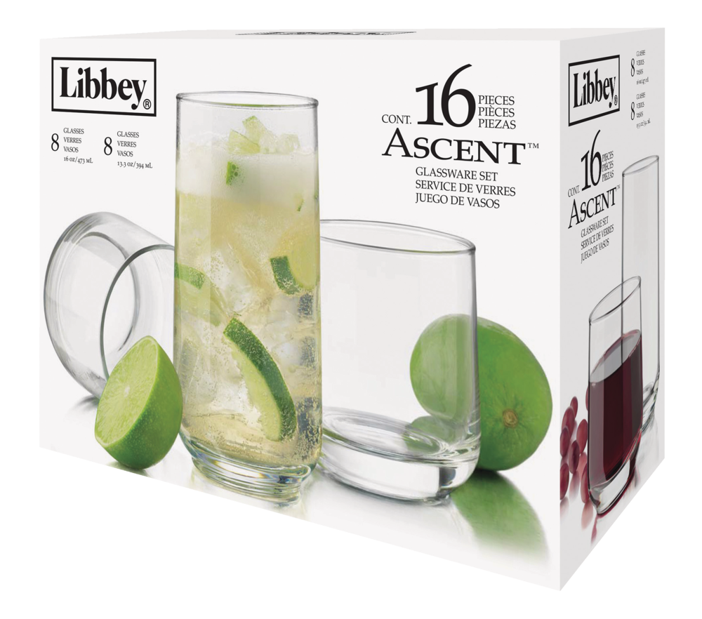 Libbey Ascent 16pc Tumbler Glassware Set, Dishwasher Safe, 8pc x 394mL