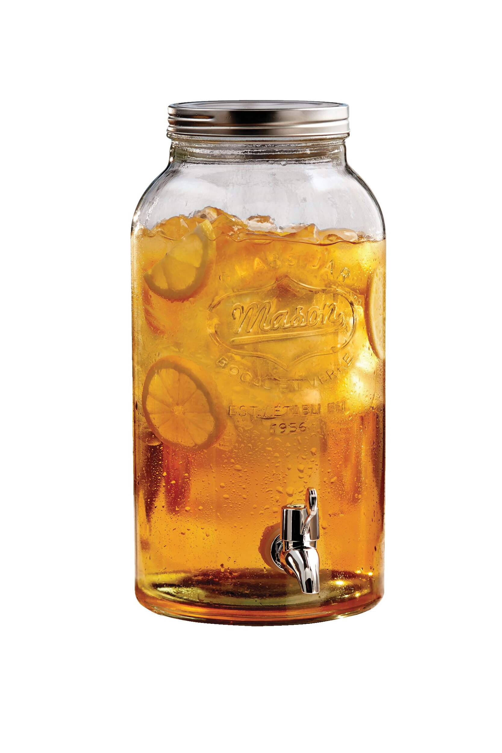 Mason Glass Jar Reusable Dispenser, Clear, 4-L, for Christmas/Thanksgiving/New Year's Eve/Birthday Party Front_Angled_Right