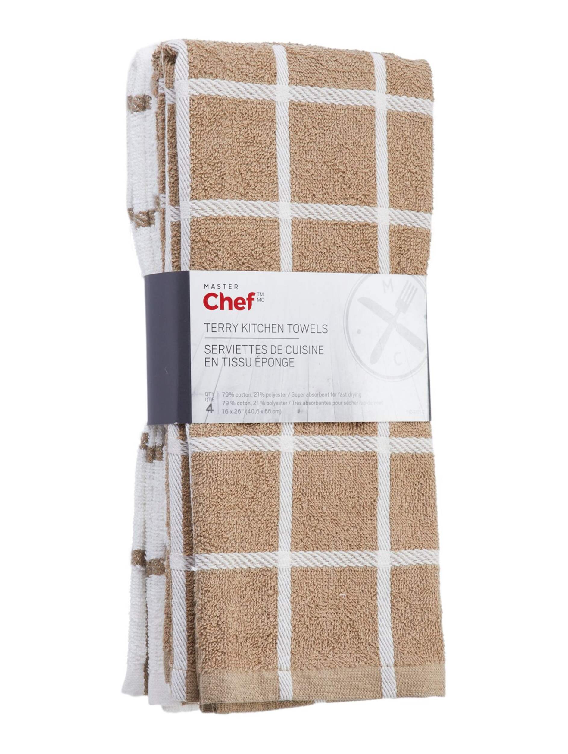 MASTER Chef Terry Cotton Checkered Kitchen Towels, Reusable, 16-in x 26-in, 4-pk, Brown/White Front_Angled_Right