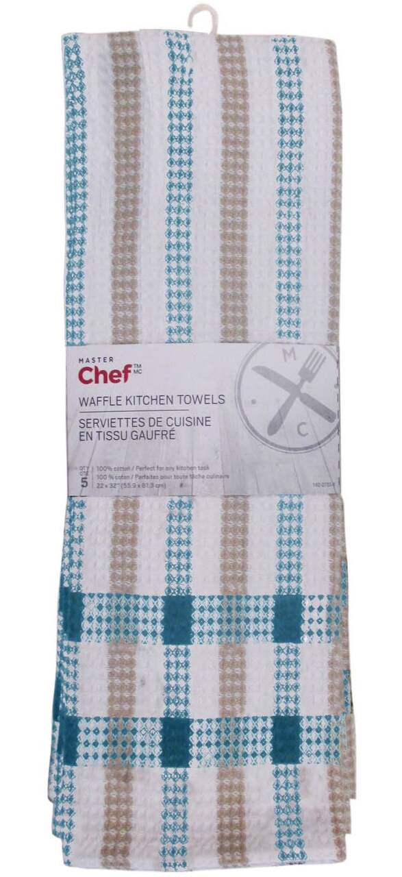 Serviettes de cuisine en coton gaufré MASTER Chef, motif à carreaux, 22 x  32 po, choix de couleurs, paq. 5