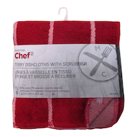 MASTER Chef Terry Cotton Checkered Dishcloths with Scrubber, 12-in x 12-in, 6-pk, Red Front_Flat