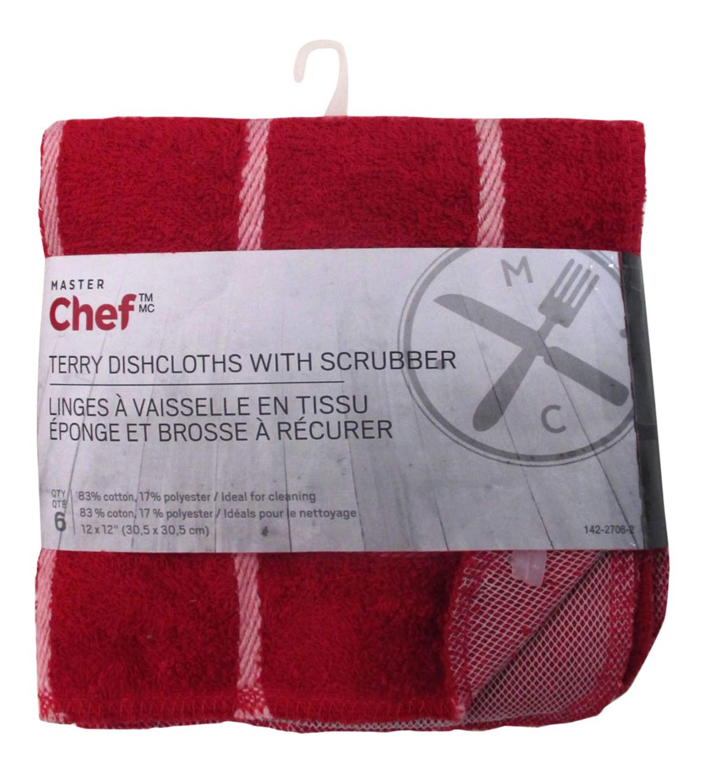 MASTER Chef Terry Cotton Checkered Dishcloths with Scrubber, 12-in x 12-in, 6-pk, Red Front_Flat