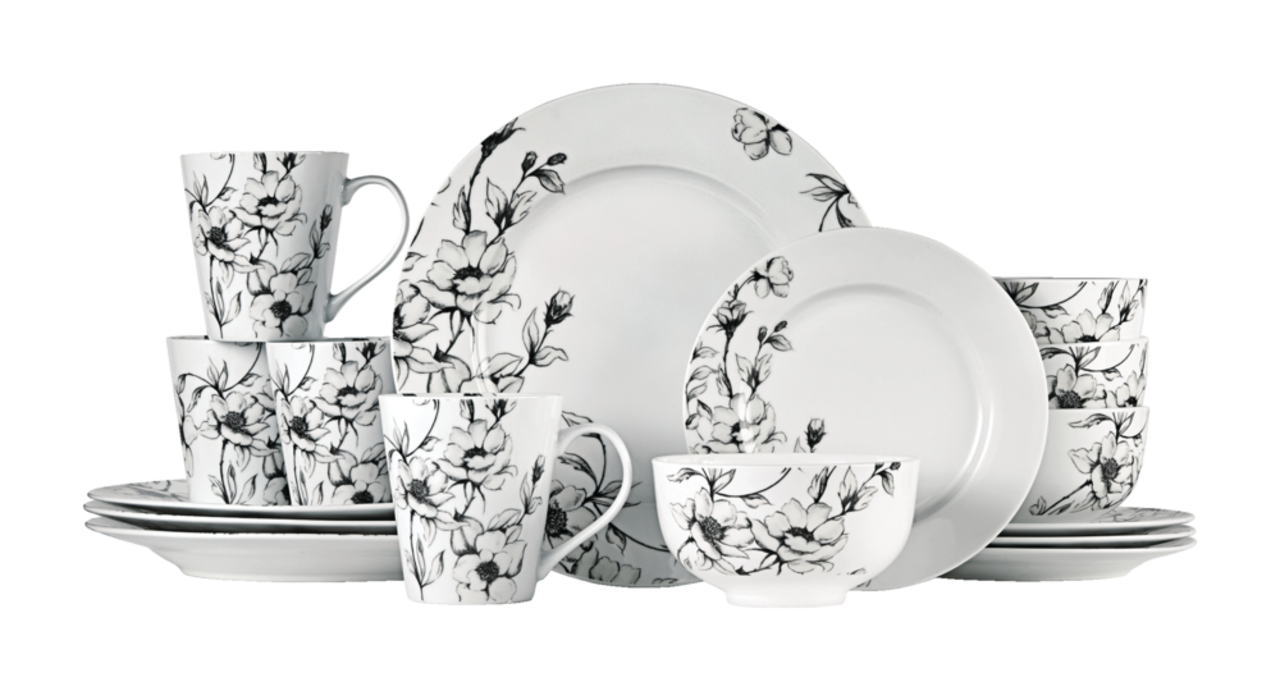 CANVAS Wild Rose 16pc Porcelain Dinnerware Set, Serves 4, White