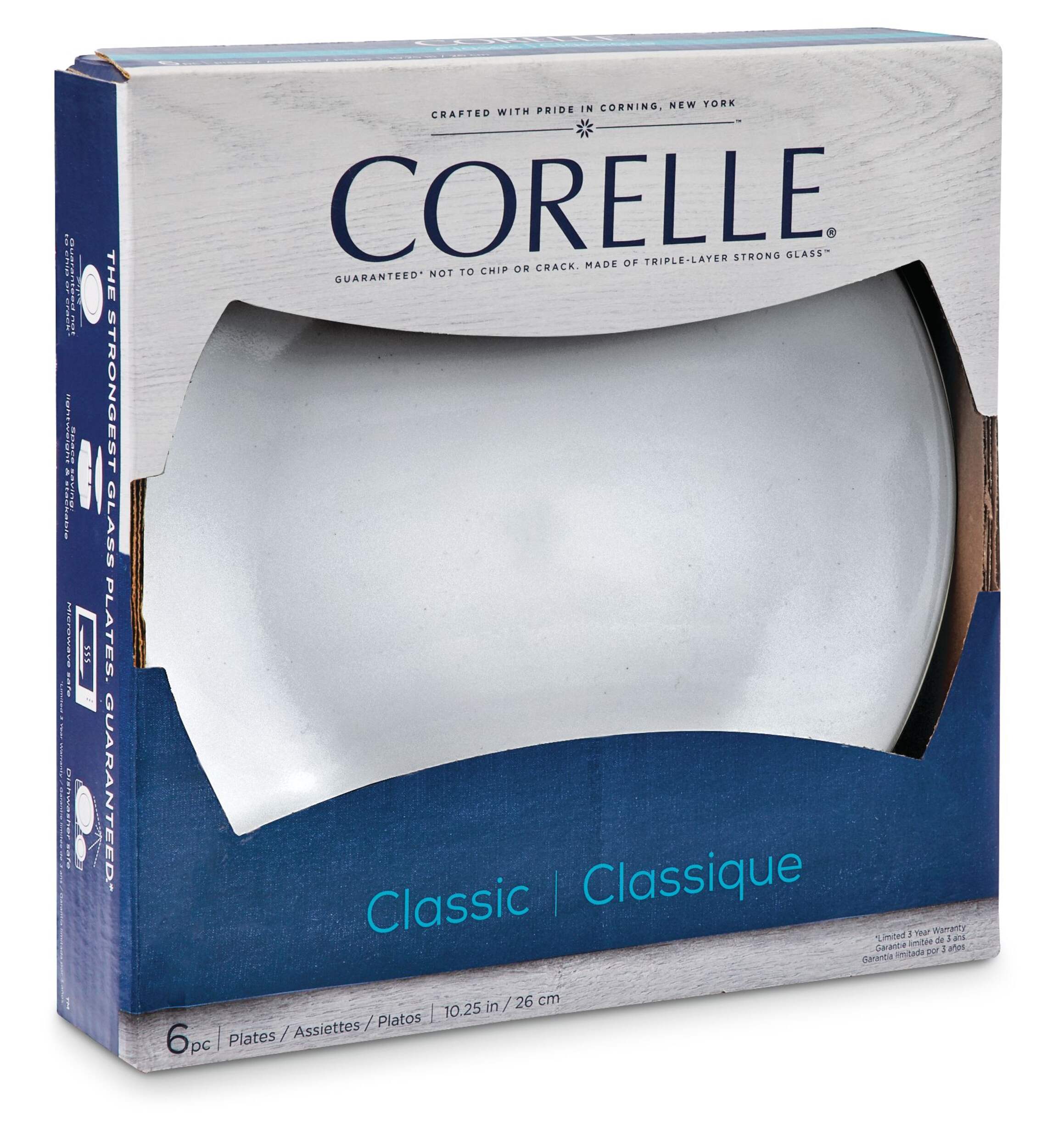 Corelle 6pc Classic Glass Caterer Dinner Plates, Chip Resistant, White Front_Three_Fourths_Angled_Right