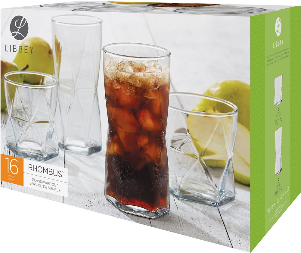 Libbey Rhombus 16pc Tumbler Glassware Set, Dishwasher Safe, 8pc x 357
