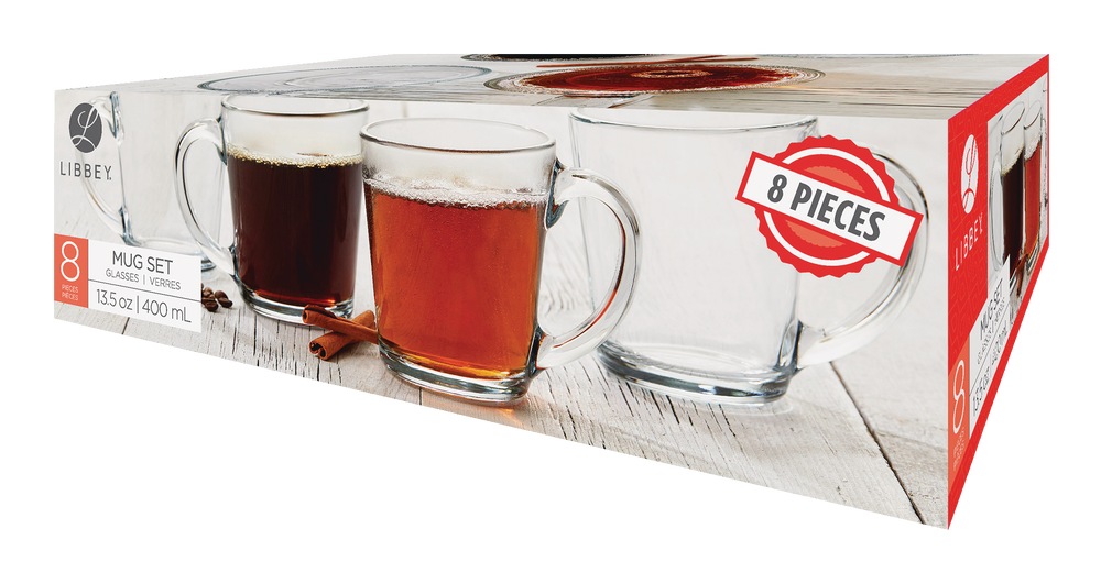 Libbey 8pc Glass Mug Set, Dishwasher and Microwave Safe, 384mL