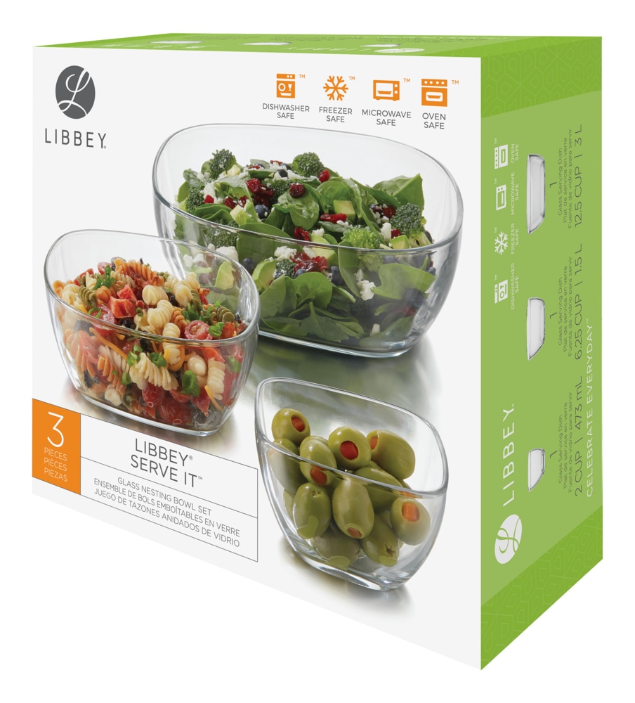 Libbey Serve It MultiSize Glass Serving Bowl Set, Dishwasher Safe, 3