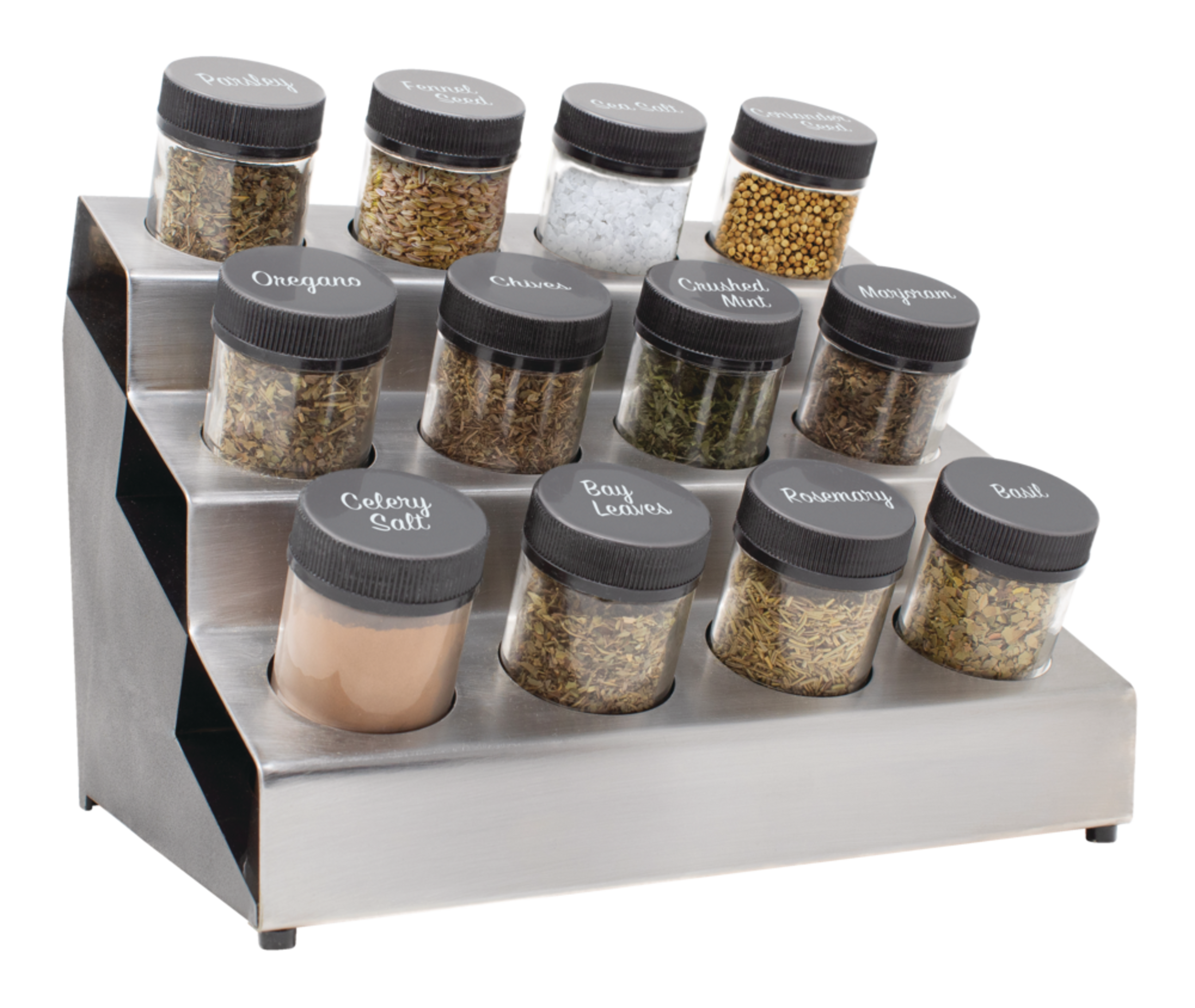 Kamenstein Tri-Level Spice Rack, Pre-Filled, 12-Jar Front_Angled_Right