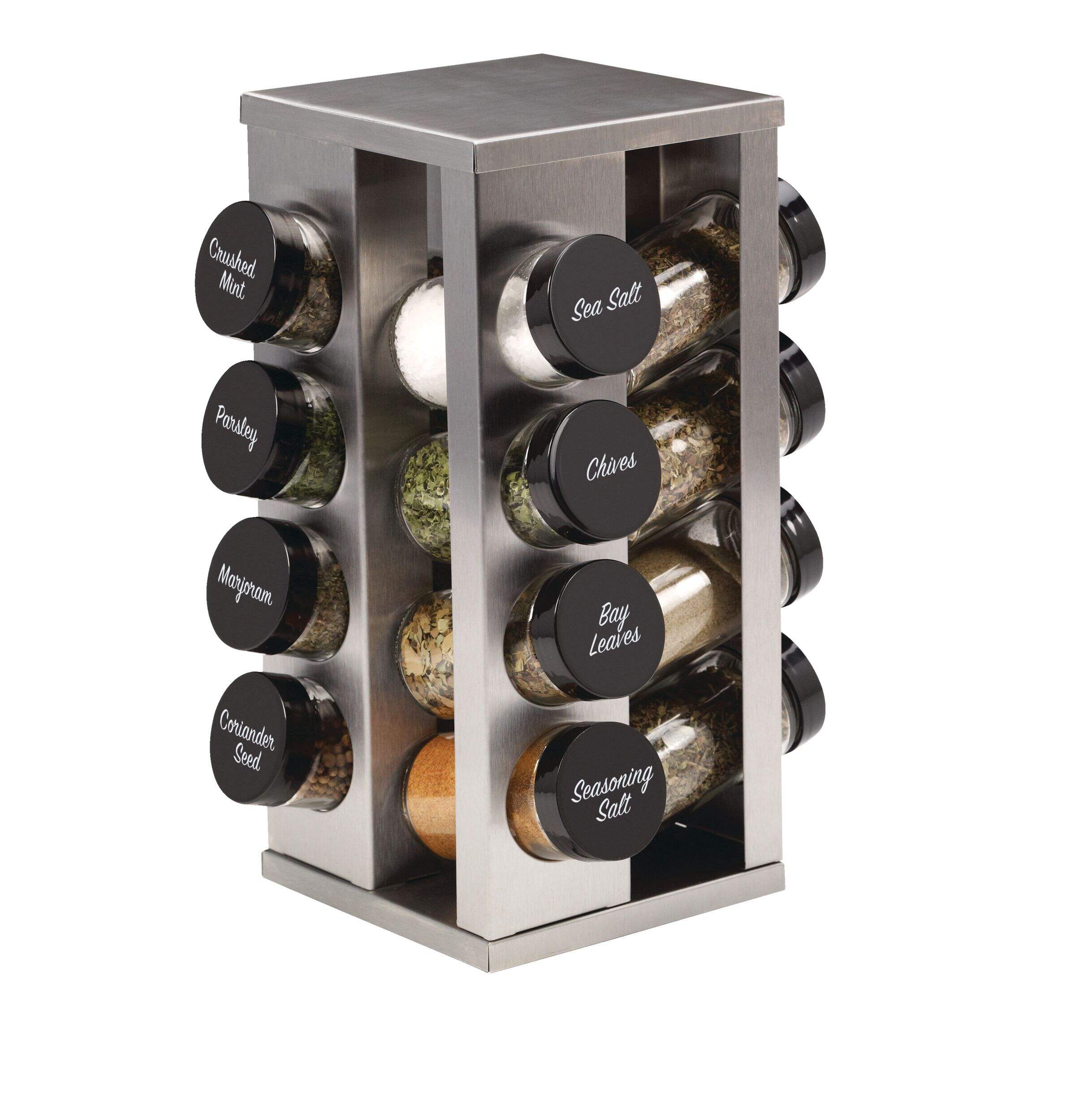 Kamenstein Tower Spice Rack, Pre-Filled, 16-Jar Front_Angled_Right