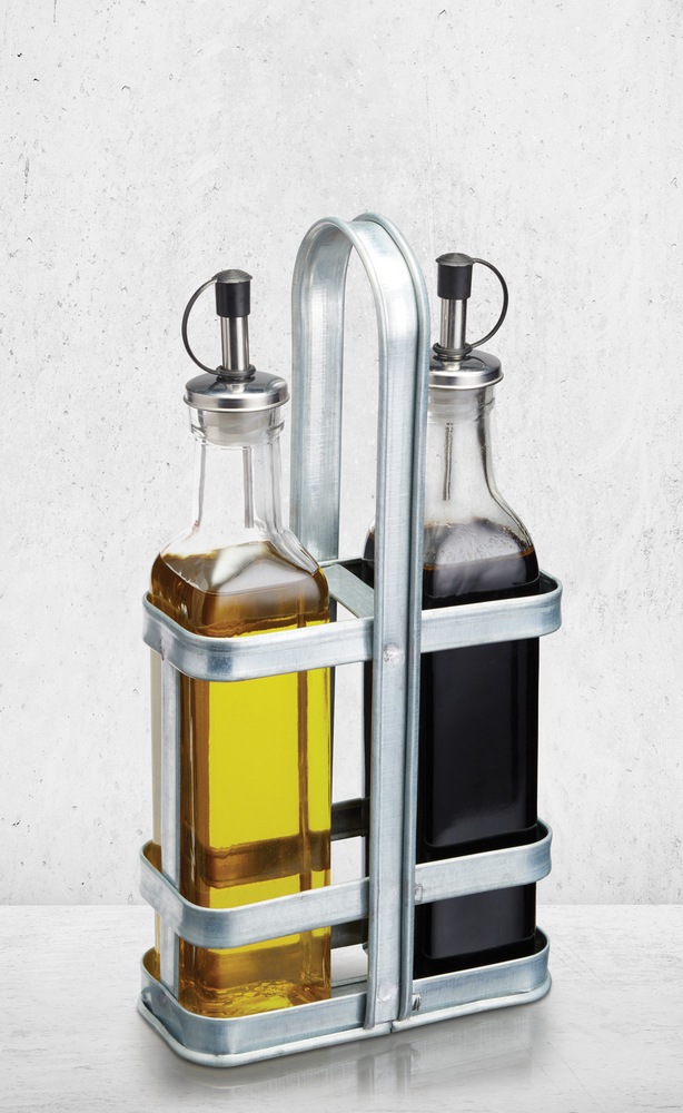Kamenstein Glass Oil and Vinegar Cruet/Dispenser Set with Steel Rack