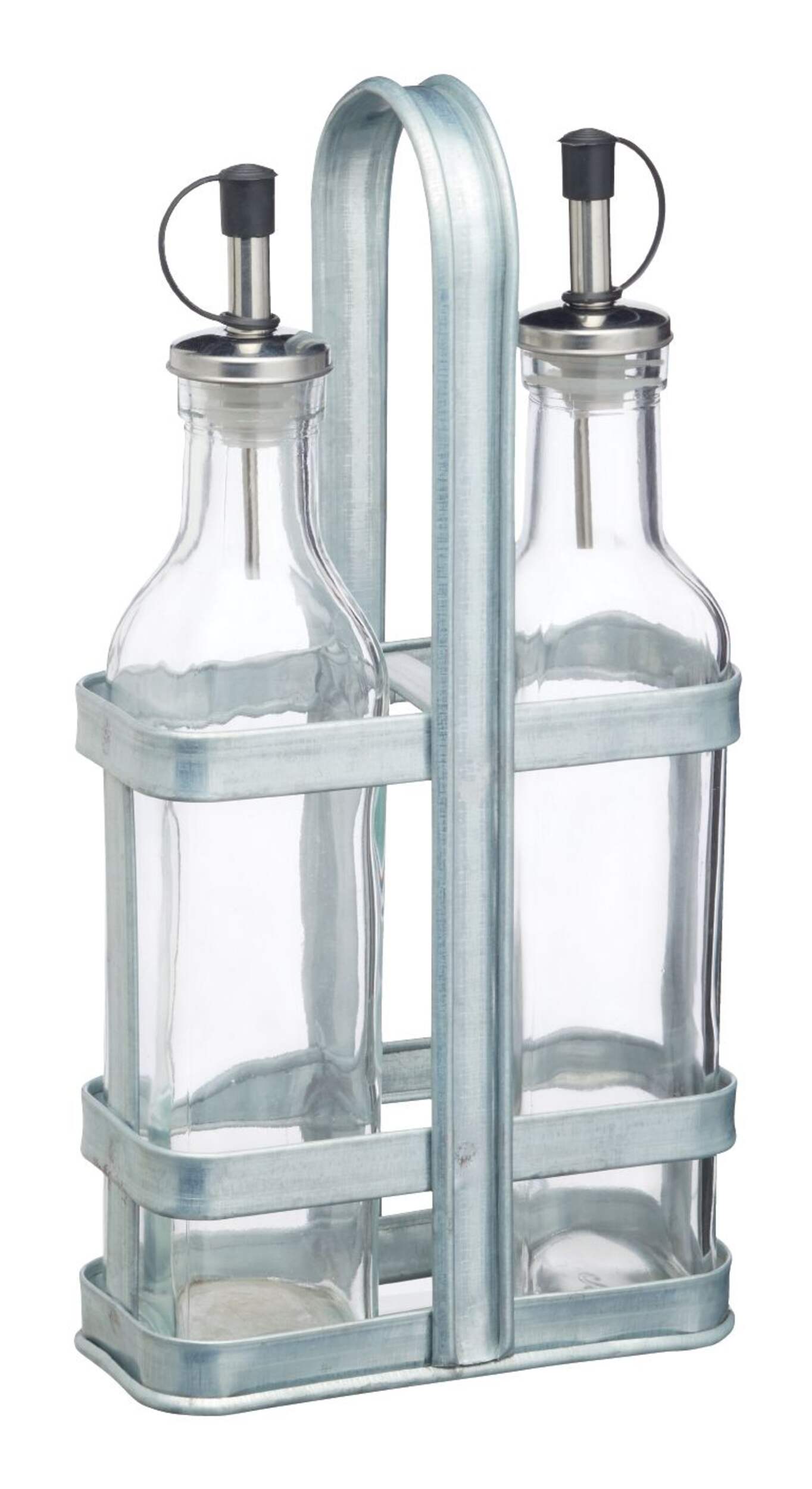 Burettes d'huile et de vinaigre en verre Kamenstein avec support en acier, 3 pièces Front_Angled_Right