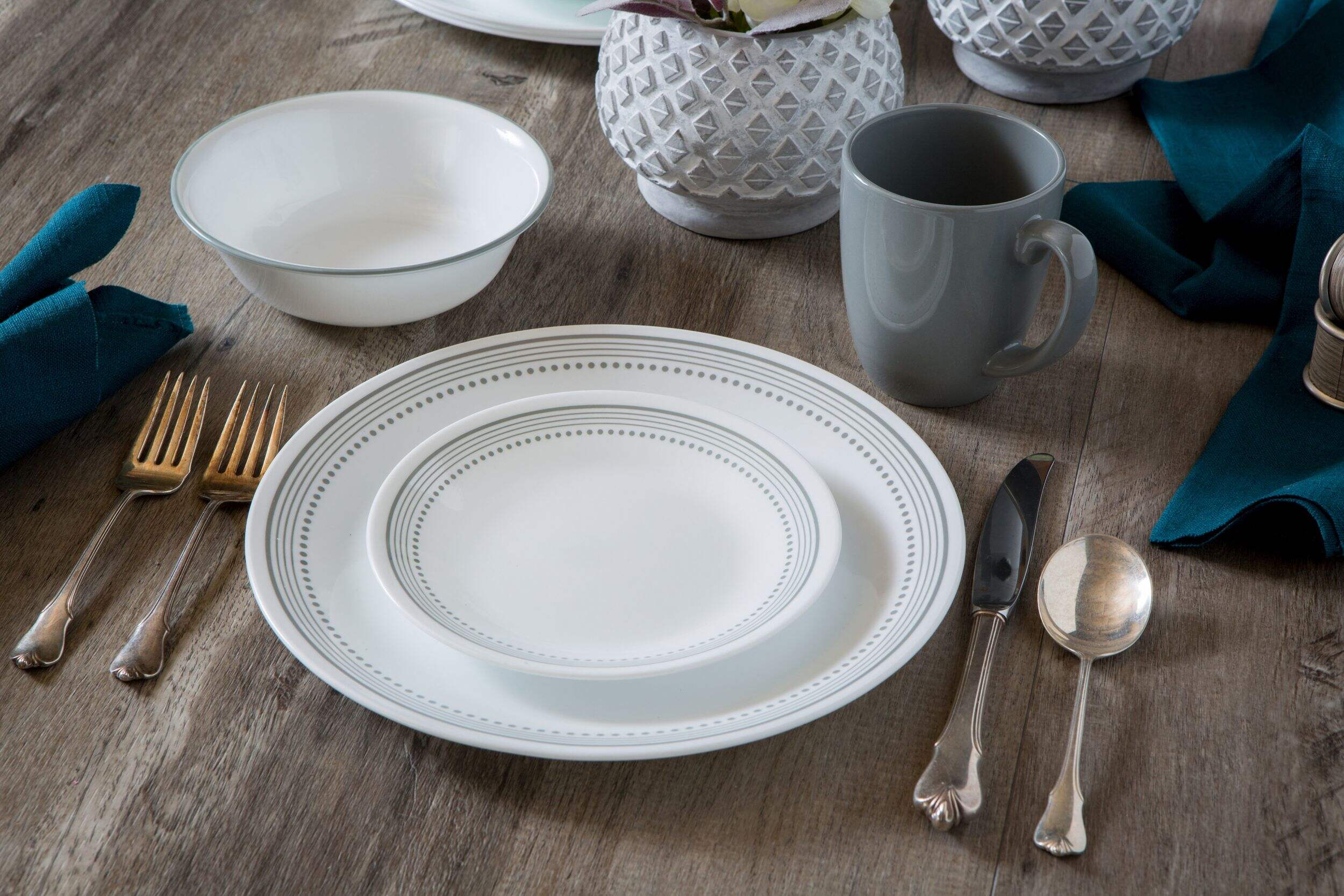 Corelle Mystic Grey 6pc Glass Dinnerware Set, Serves 4, White/Grey