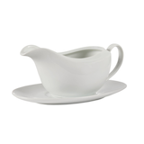 CANVAS Porcelain Gravy Boat with Saucer Stand, White, 6.5-in, 2-pc, for Christmas/Thanksgiving/New Year's Eve/Birthday Party Front_Three_Fourths_Angled_Left