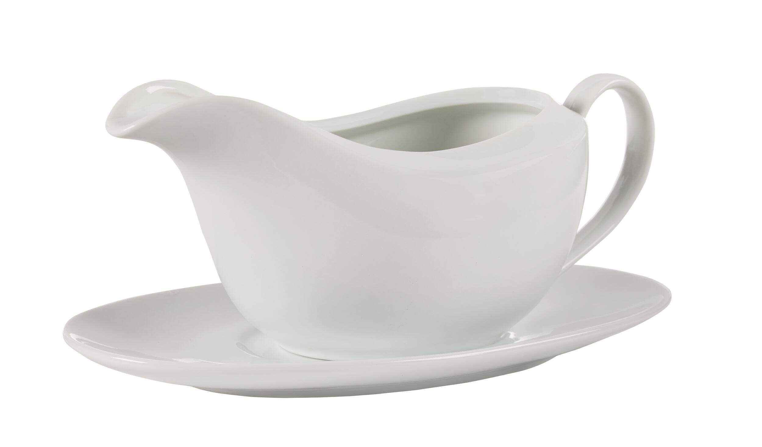 CANVAS Porcelain Gravy Boat with Saucer Stand, White, 6.5-in, 2-pc, for Christmas/Thanksgiving/New Year's Eve/Birthday Party Front_Three_Fourths_Angled_Left