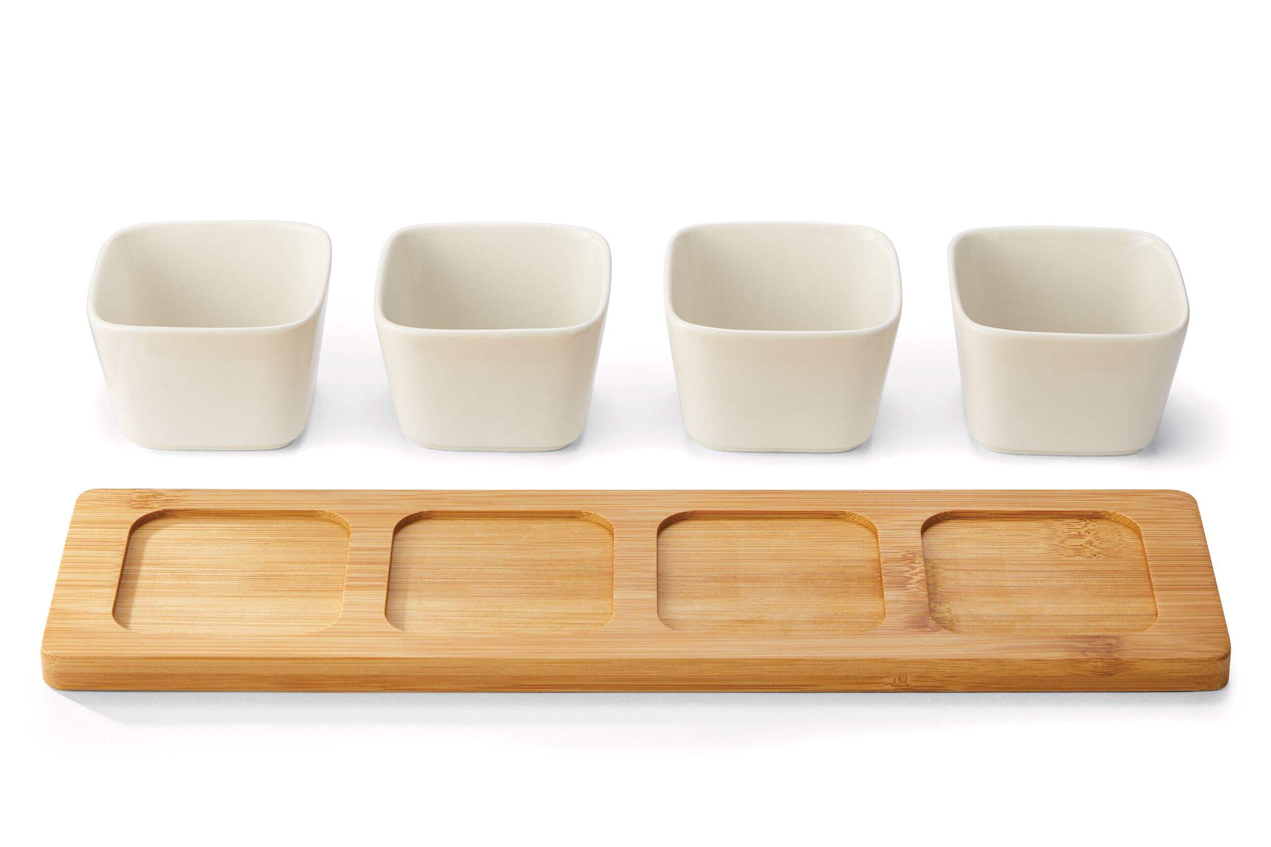 CANVAS Ceramic Reusable Serving Bowls with Bamboo Serving Tray, Brown/White, 14-in, 5-pk, for Christmas/Thanksgiving/New Year's Eve/Easter/Birthday Front_Elevated