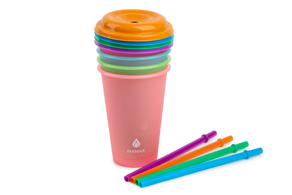 Manna Plastic Colour Changing Cups with Straws & Lids, 12oz, 4pk