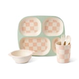 Manna Kids' Bamboo Fiber Dinnerware Set, Pink Check, 5-pc Composite_or_Mixed
