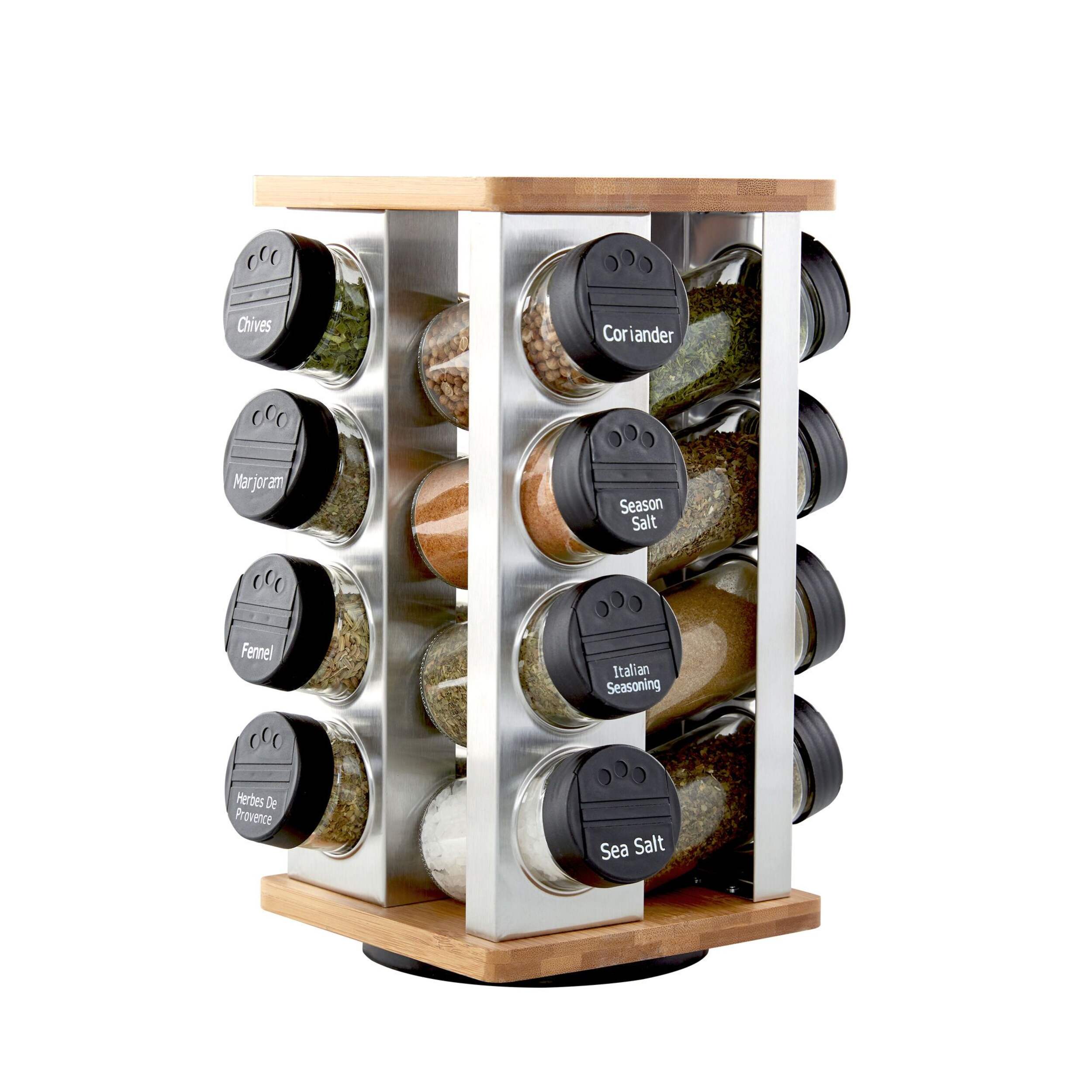 Kamenstein Wood 16-Jar Revolving Spice Rack, Filled Front_Three_Fourths_Angled_Right