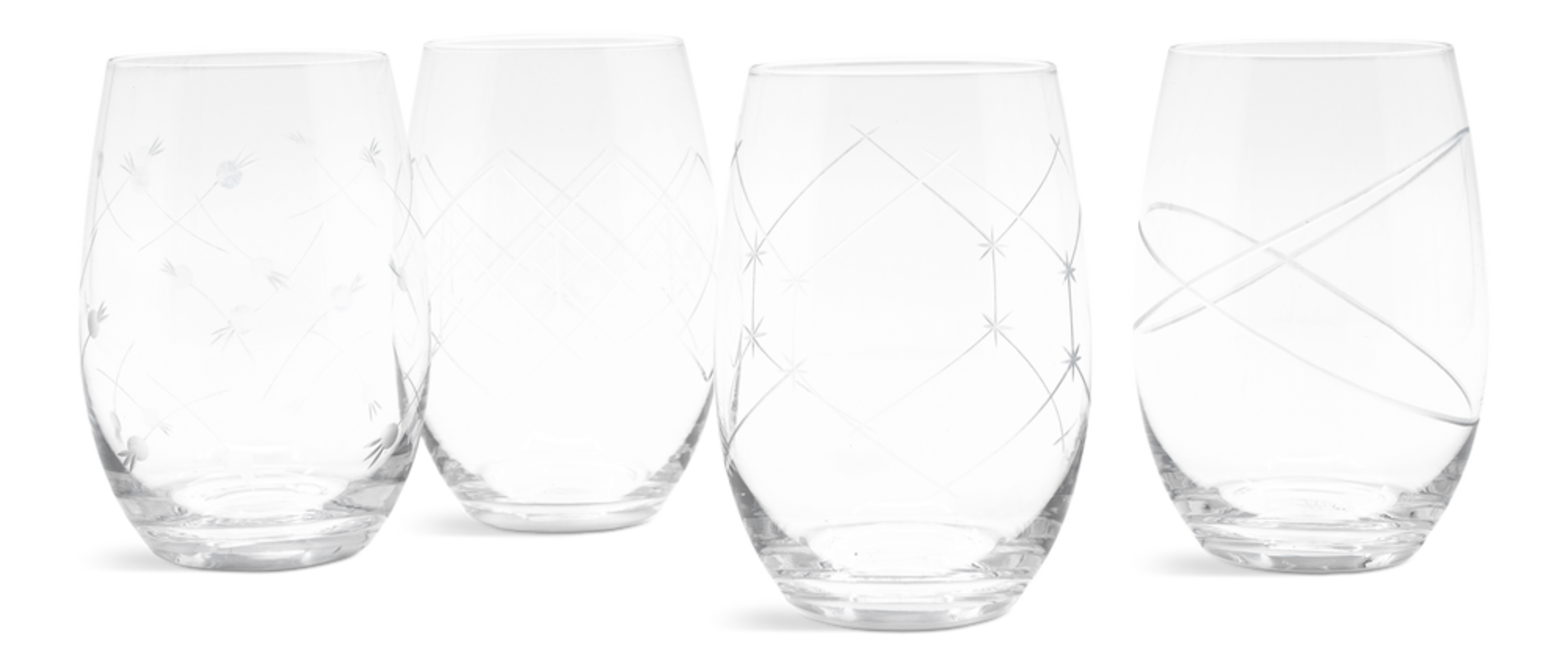 Decorative Etched Stemless Christmas Wine Glass, 4-pc Front_Flat