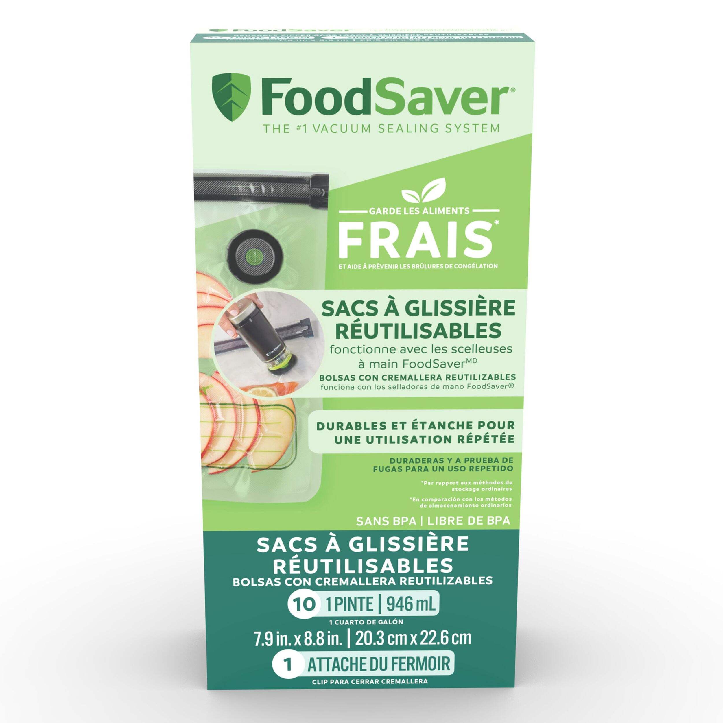 FoodSaver Reusable Zipper Vacuum Sealer Bags, 946mL, 10-pk Front_Flat