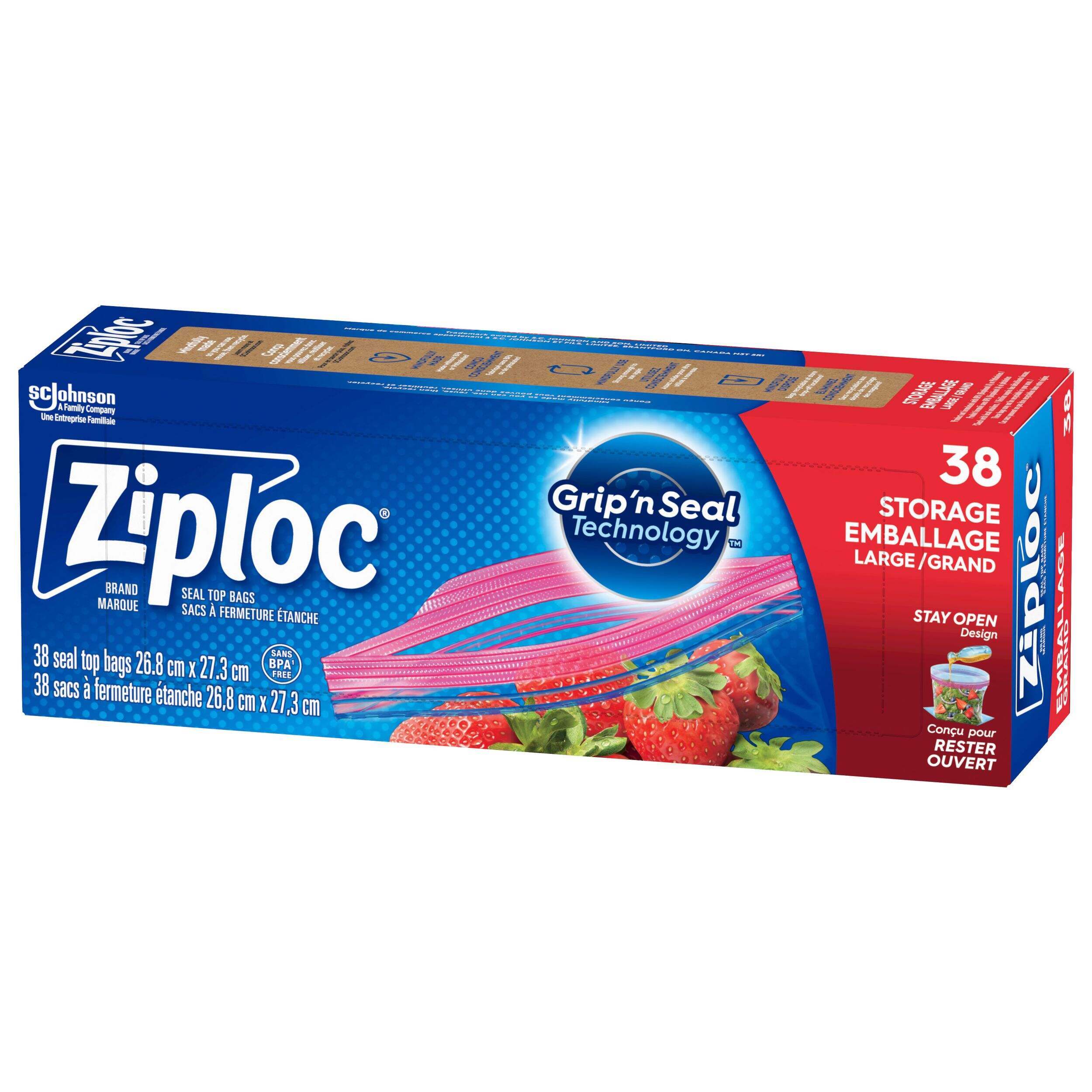 Ziploc Large Plastic Storage Bags, 3.78-L, 38-pk Front_Three_Fourths_Angled_Left