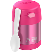 Thermos® FUNtainer® Stainless Steel Food Jar, Vacuum Insulated with Spoon, Pink, 295-mL (10oz) Front_Three_Fourths_Angled_Right