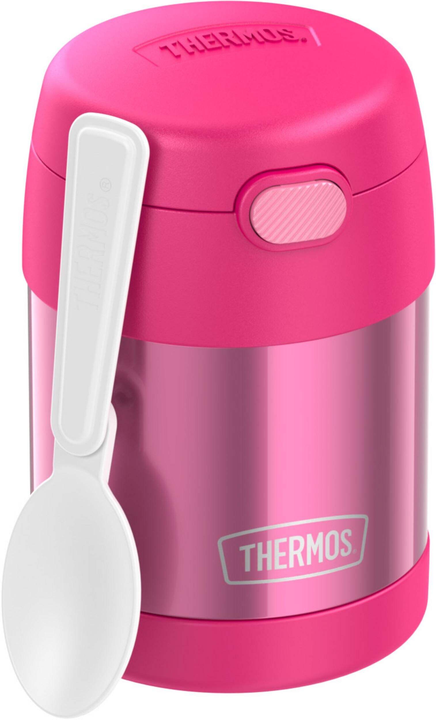 Thermos® FUNtainer® Stainless Steel Food Jar, Vacuum Insulated with Spoon, Pink, 295-mL (10oz) Front_Three_Fourths_Angled_Right