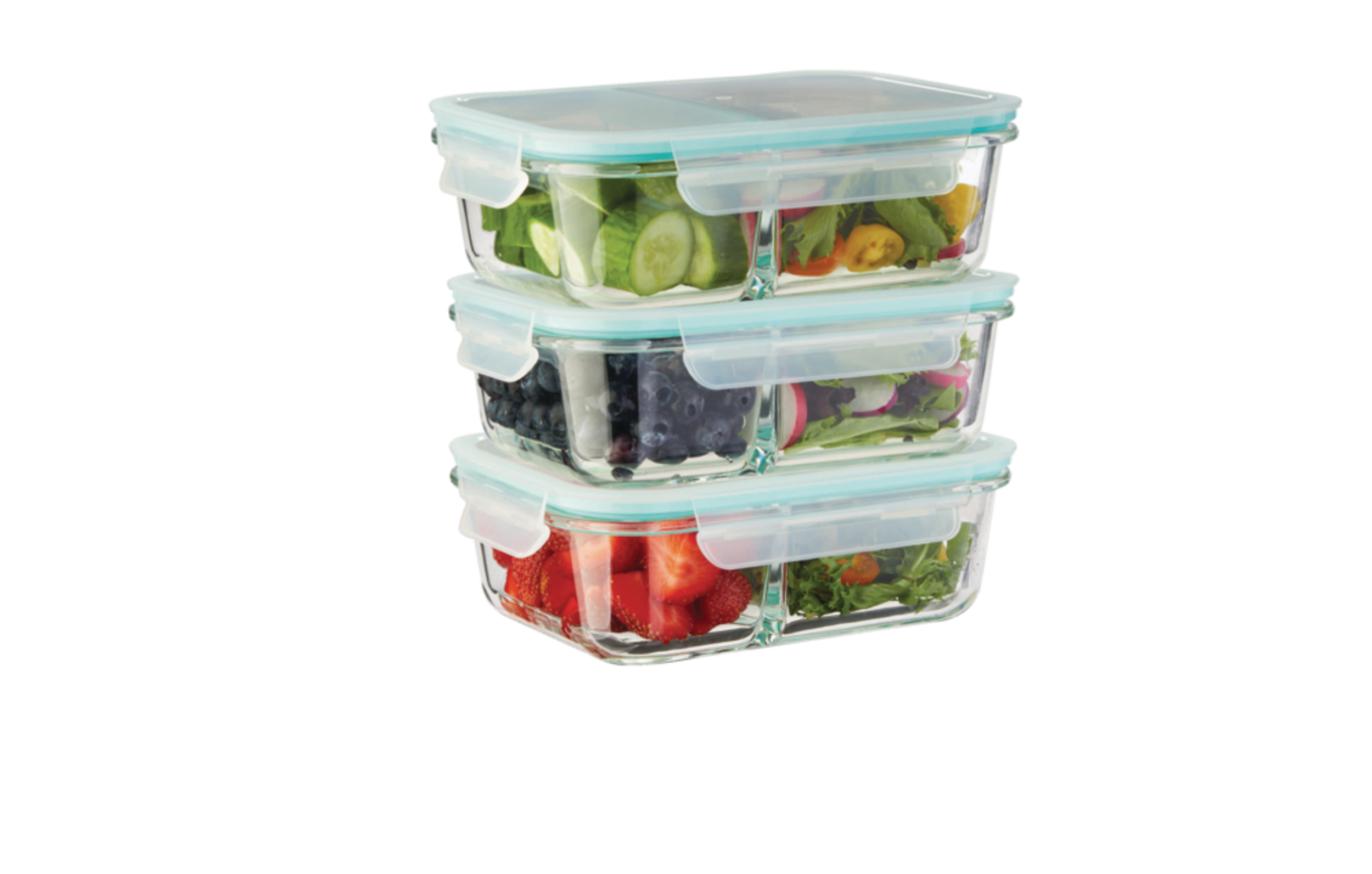 Vida by PADERNO Glass Clip Food Storage Container Set with Compartments and Leakproof Lids, 3 Count Front_Angled_Right