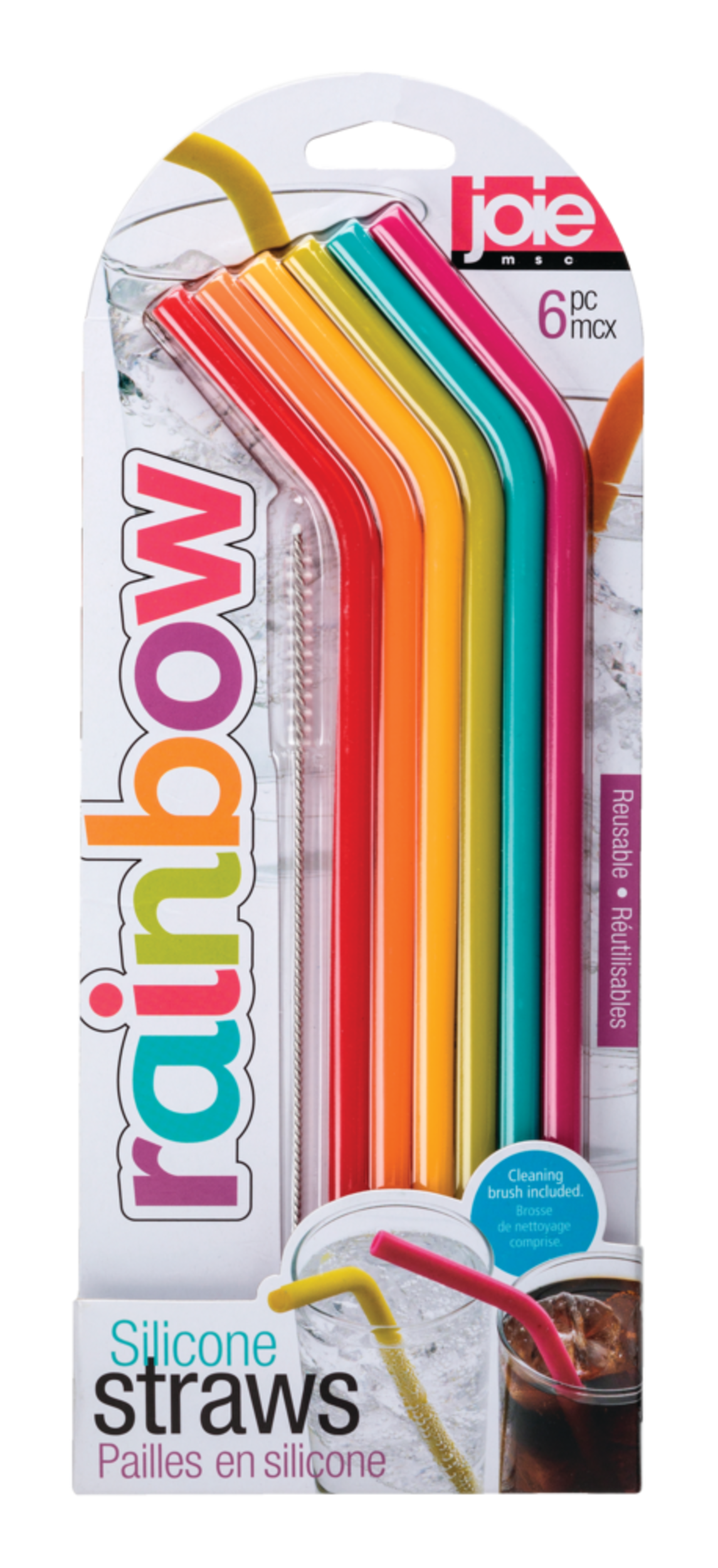 Paille réutilisable en silicone Joie avec goupillon pour paille, paq. 6 Front_Flat