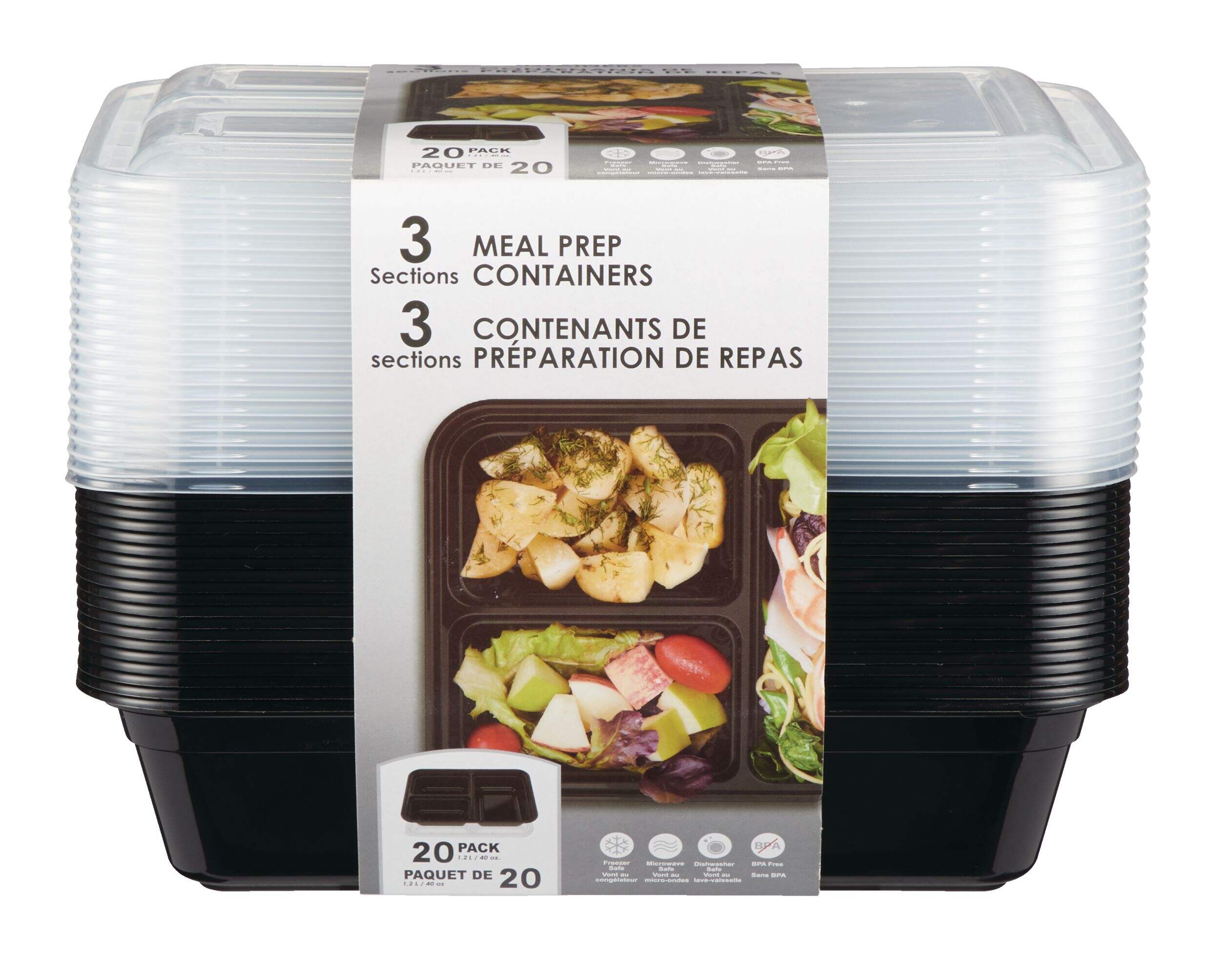 Meal Prep 3-Section Plastic Lunch Storage Container Set with Lids, 20 Count Front_Elevated