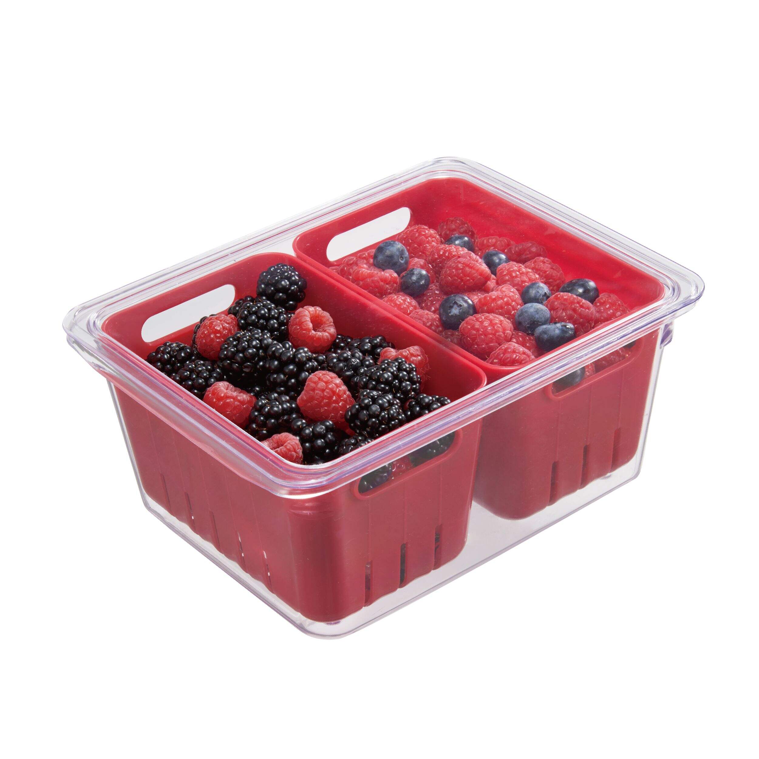 MASTER Chef Plastic Stackable Fridge Bin with Berry Baskets, 4-pc Front_Three_Fourths_Angled_Right
