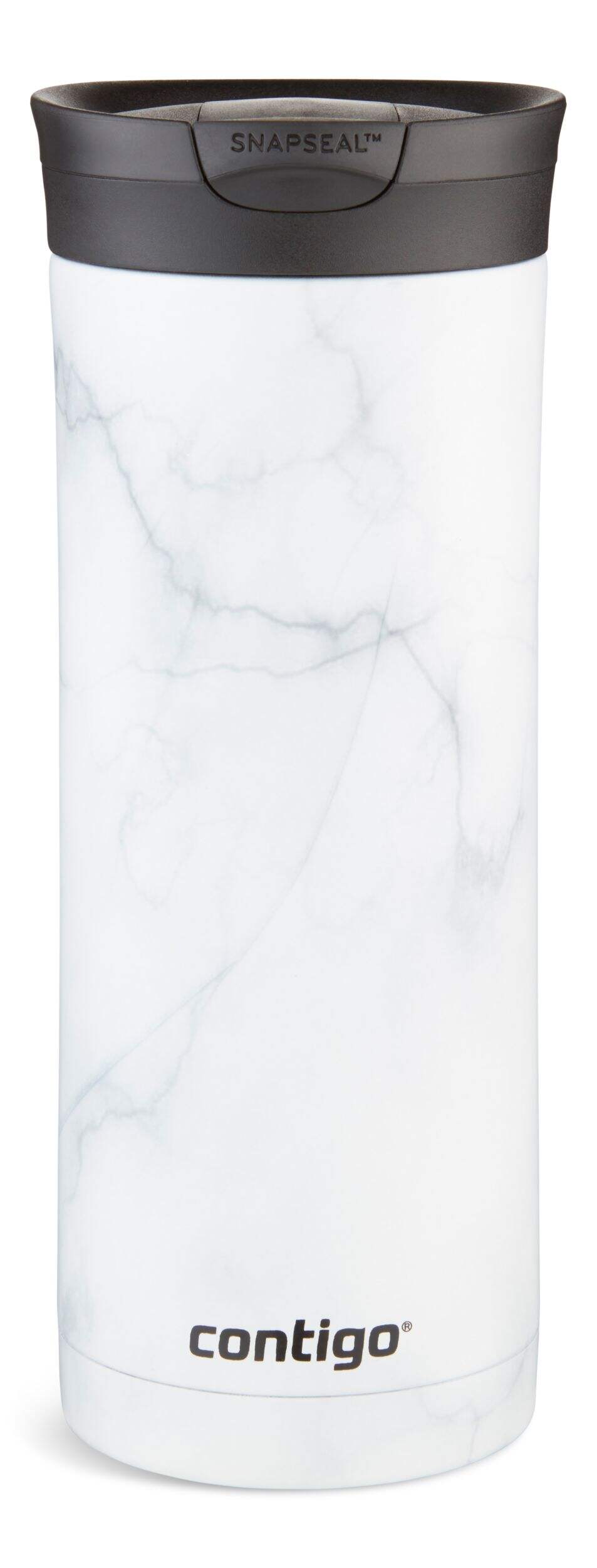 Tasse de voyage isotherme en acier inoxydable avec couvercle à l'épreuve des fuites Contigo Huron Couture, marbre blanc, 20 oz Front_Flat