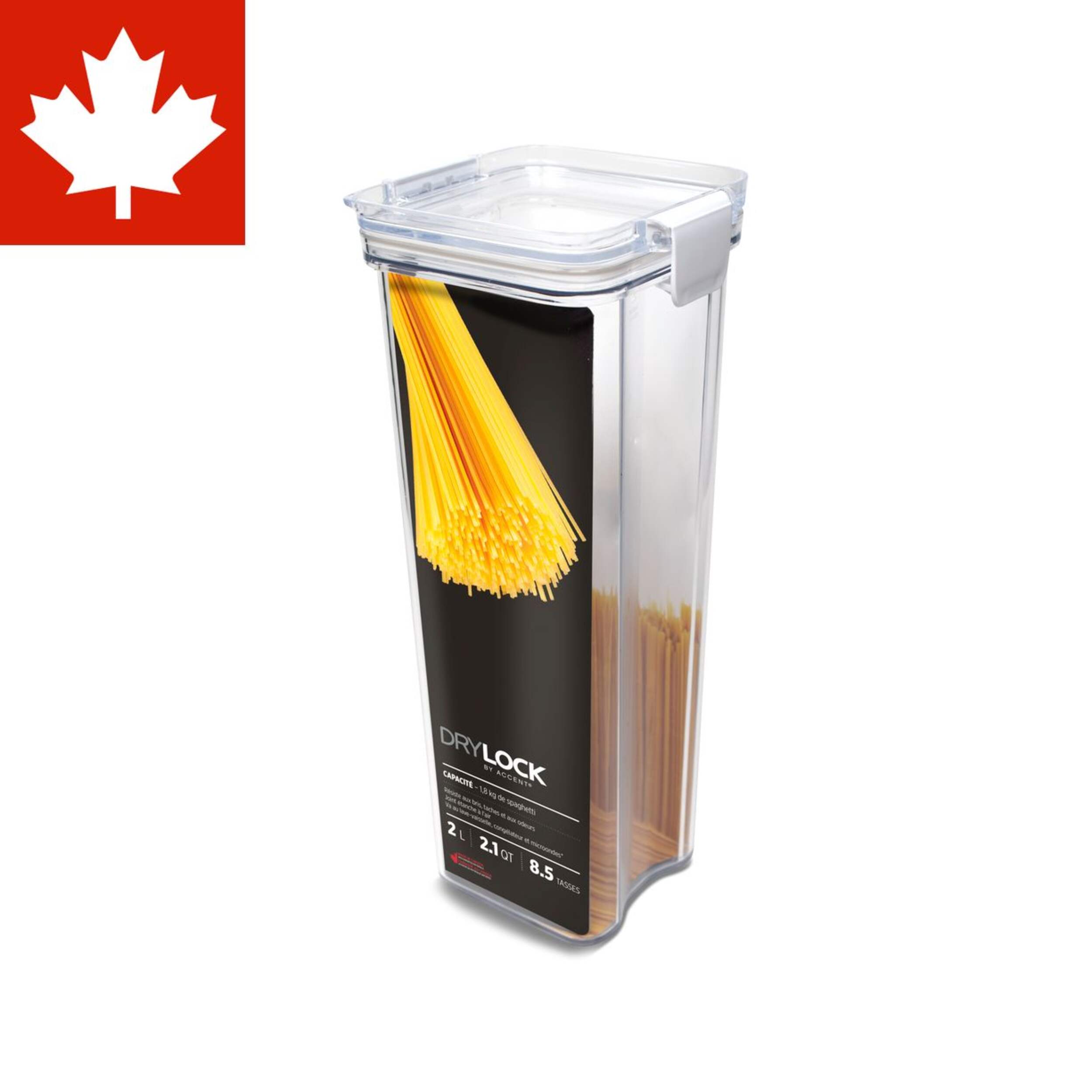 Drylock Square Clear Plastic Pantry Food Storage Container with Airtight Seal, Large, 2-L Front_Three_Fourths_Angled_Left