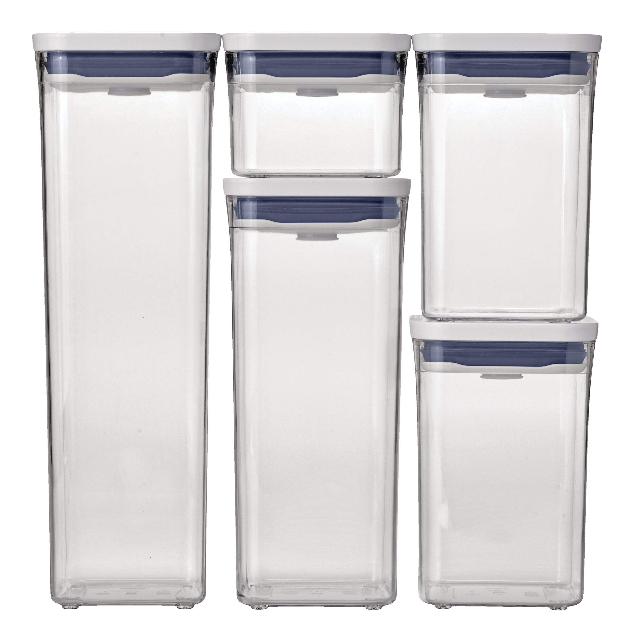 OXO POP Starter Plastic Food Storage Container Set with Lid, White, Various Sizes, 5 Count Front_Flat