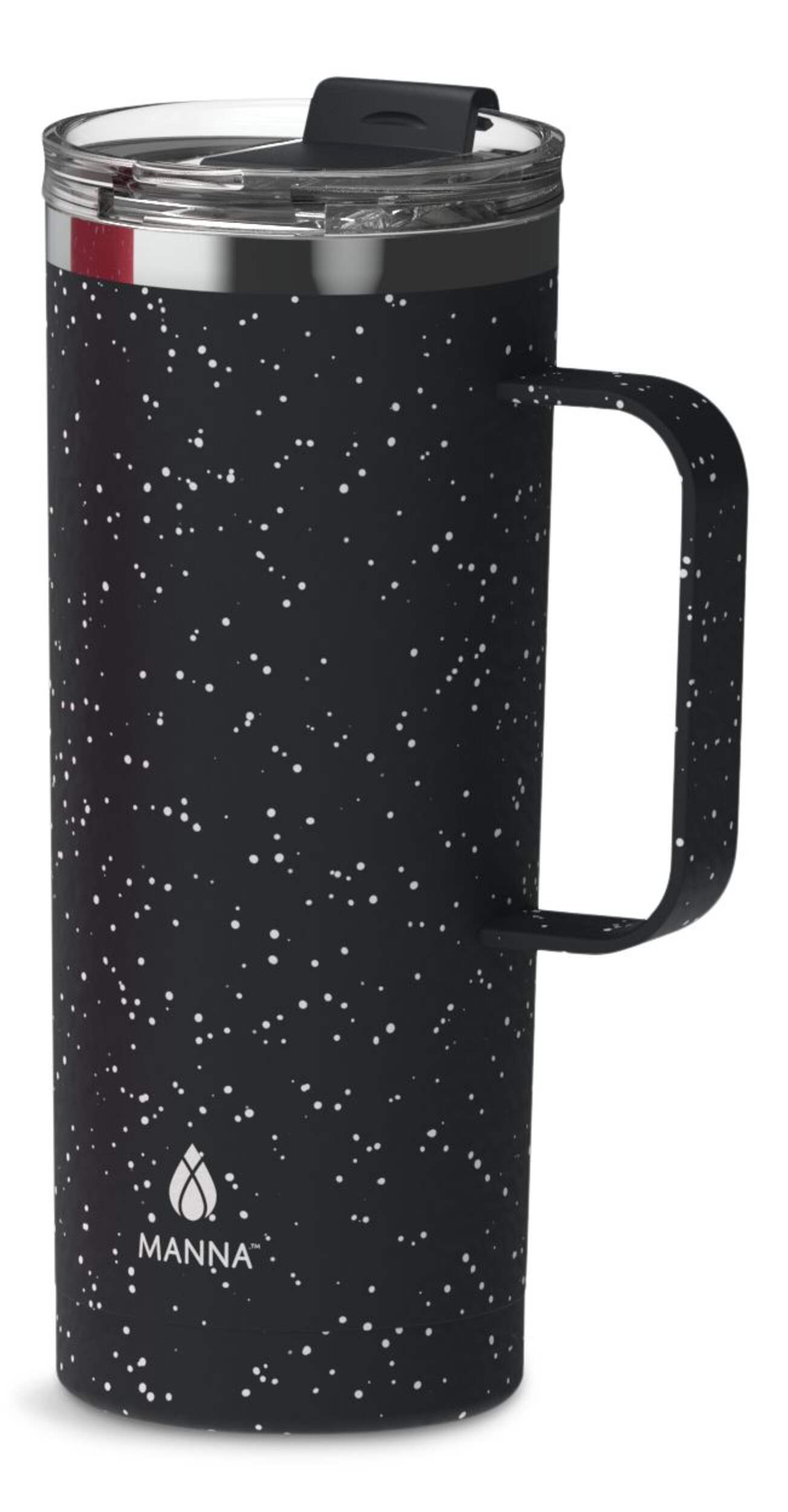 Tasse isotherme en acier inoxydable avec couvercle étanche Manna Tahoe, moucheté noir, 591 mL Front_Three_Fourths_Angled_Left
