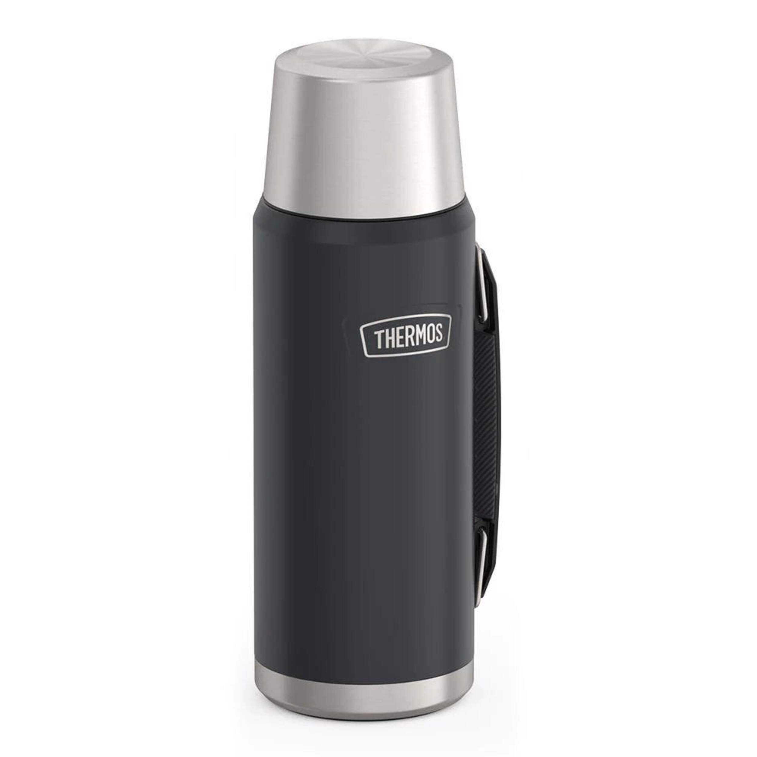 Thermos Vacuum Insulated Stainless Steel Portable Travel Beverage Bottle for Hot/Cold Beverages, Black, 1.2-L Front_Three_Fourths_Angled_Right