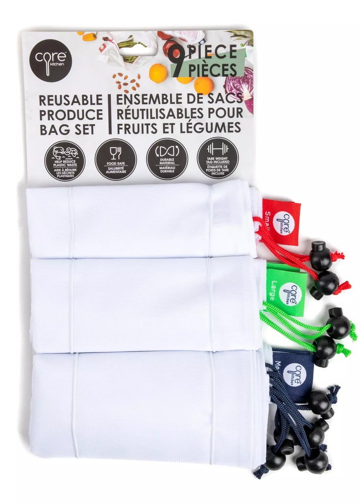 Core Home Reusable Polyester Produce Food Storage Bags, 9pk Canadian
