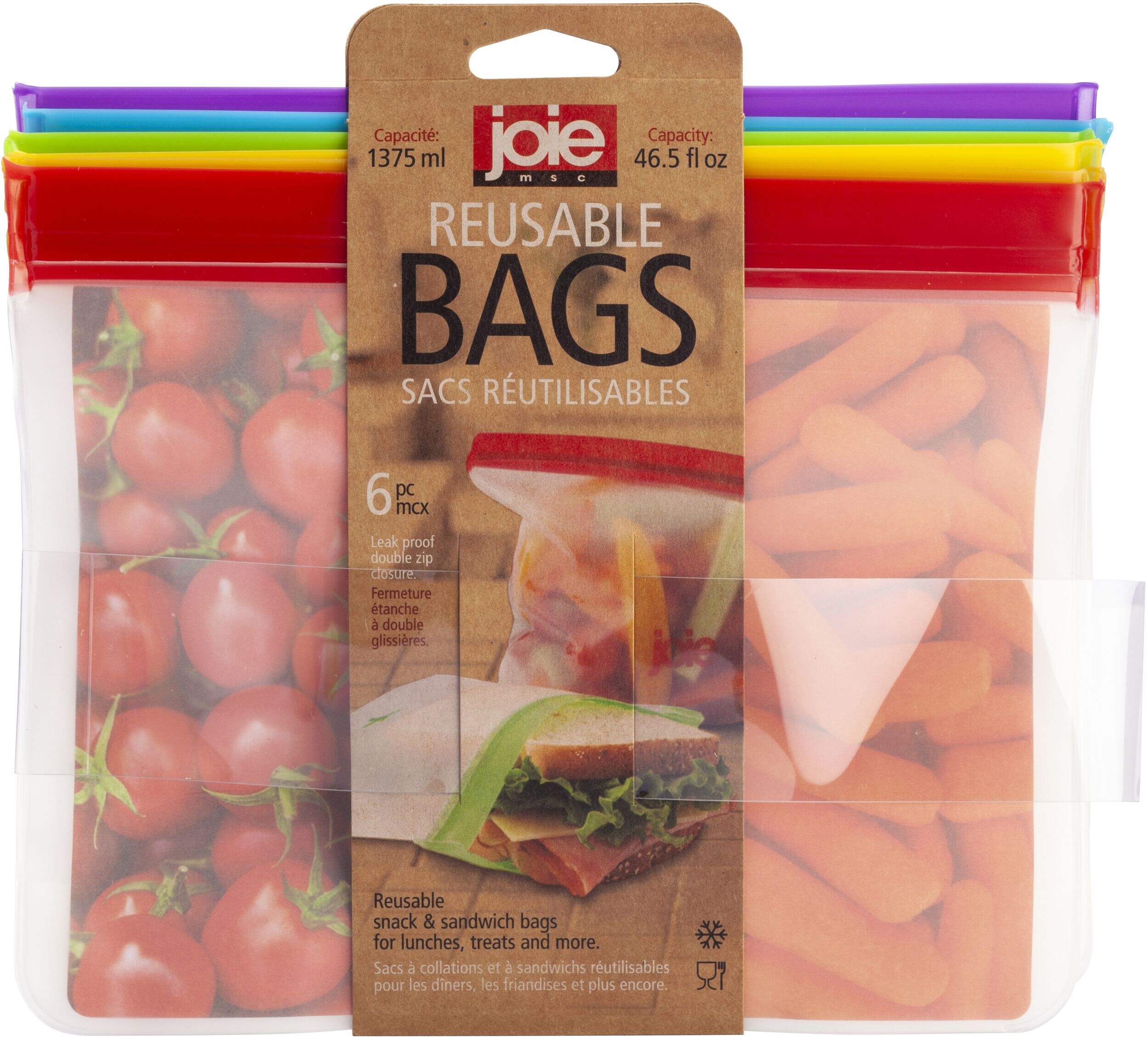 Joie Reusable Plastic Snack Storage Bags with Airtight Seal, 6-pk Front_Flat